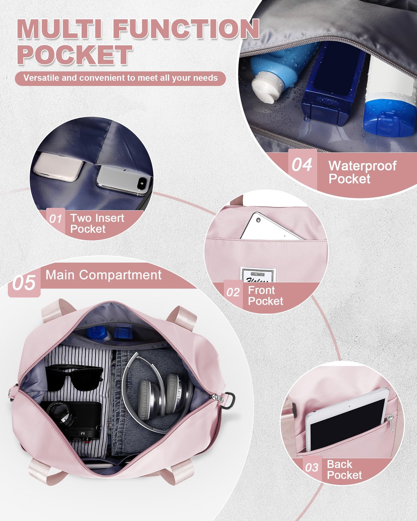 Foldie Large Travel Tote Bag, Waterproof Expandable Personal Item Duffel Gym Bag,Weekender Carry On Overnight Bags for Women Airplanes with Trolley Sleeve Wet Pocket,travel duffel bags,Pink