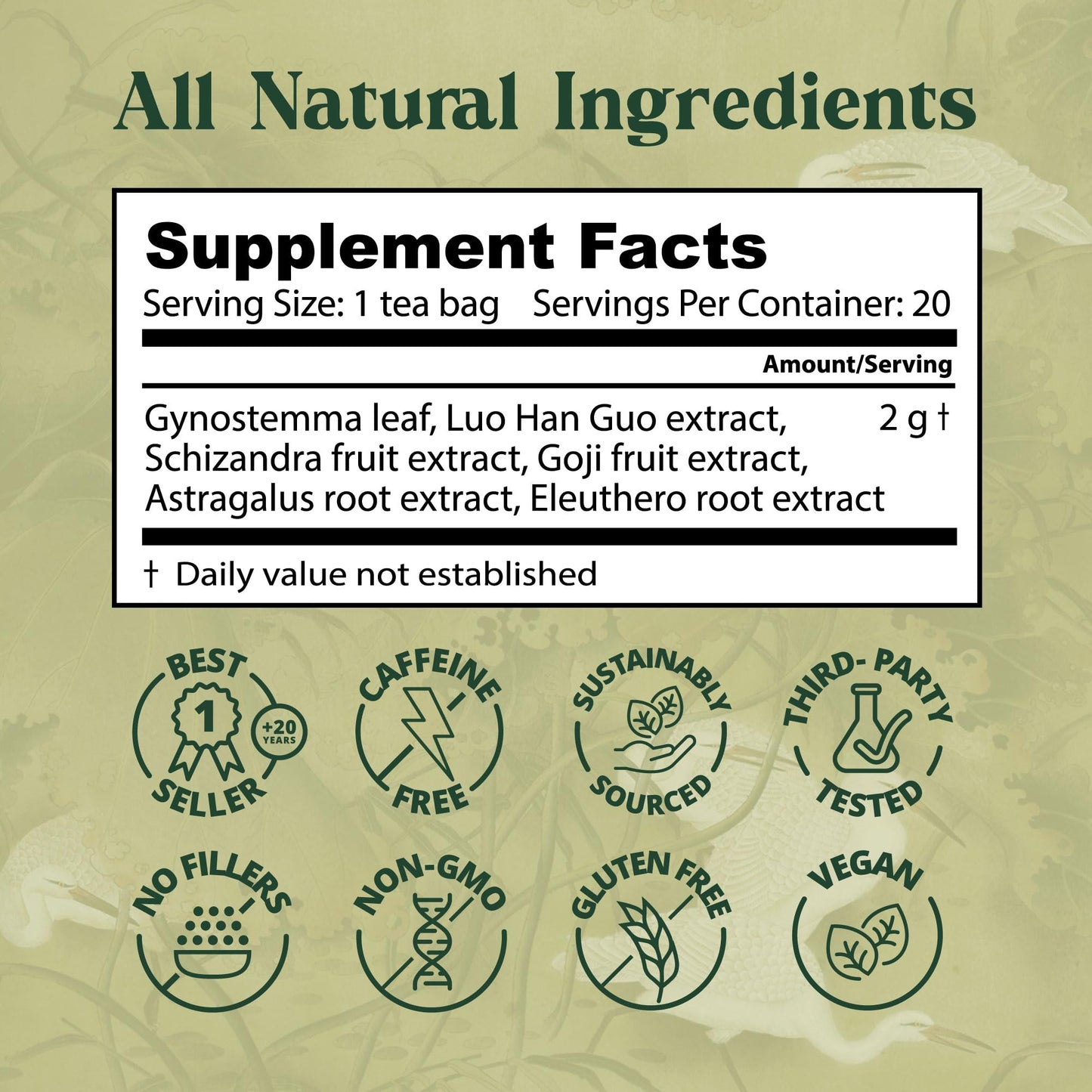 Dragon Herbs Spring Dragon Longevity Tea - Adaptogenic Gynostemma Leaf Herbal Tea Infused with Schizandra Berry, Goji Berry, Astragalus Root, Eleuthero Root, Luo Han Guo Fruit – Immune Support, Calming, Invigorating, Energy, Soothing, Digestion Support, C