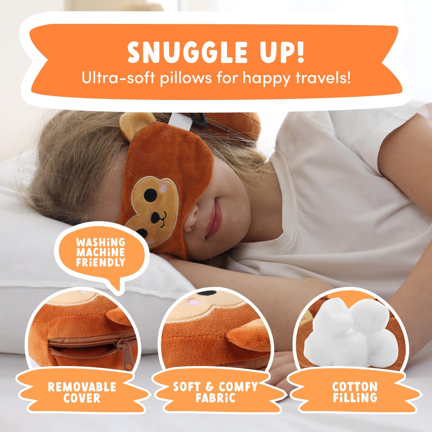 ecoZen Lifestyle Travel Pillow Set with Eye Mask - Comfort for Traveling Kids - Soft and Supportive Kids Sleep Mask Neck Pillow for Plane, Car, or Train Journeys - Monkey Design