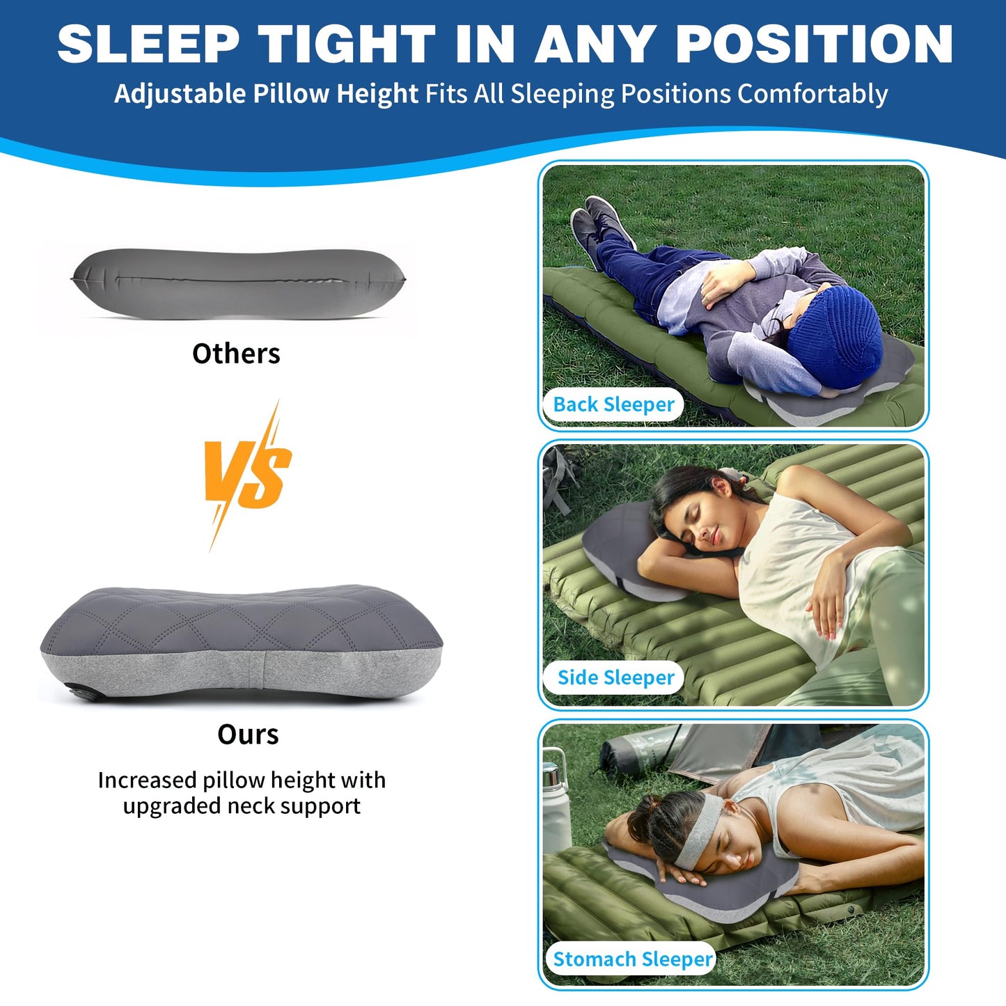 WellSync Camping Pillow with Removable Soft Cooling Cover, Ultralight Inflatable Travel Pillow for Neck Lumbar Support, Upgrade Backpacking Air Pillows for Camping, Hiking, Backpacking
