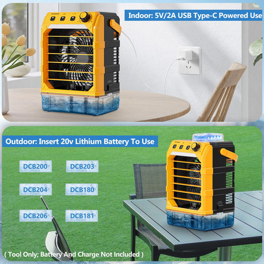 Uniqwamo Misting Fan Portable Compatible for Dewalt 20V/60V Battery(No Battery) or USB Powered, Cooling Fan for Bedroom with 7 Lights, 8H Timer, 1600ML Water Tank for Outside Camping Tent Room Office