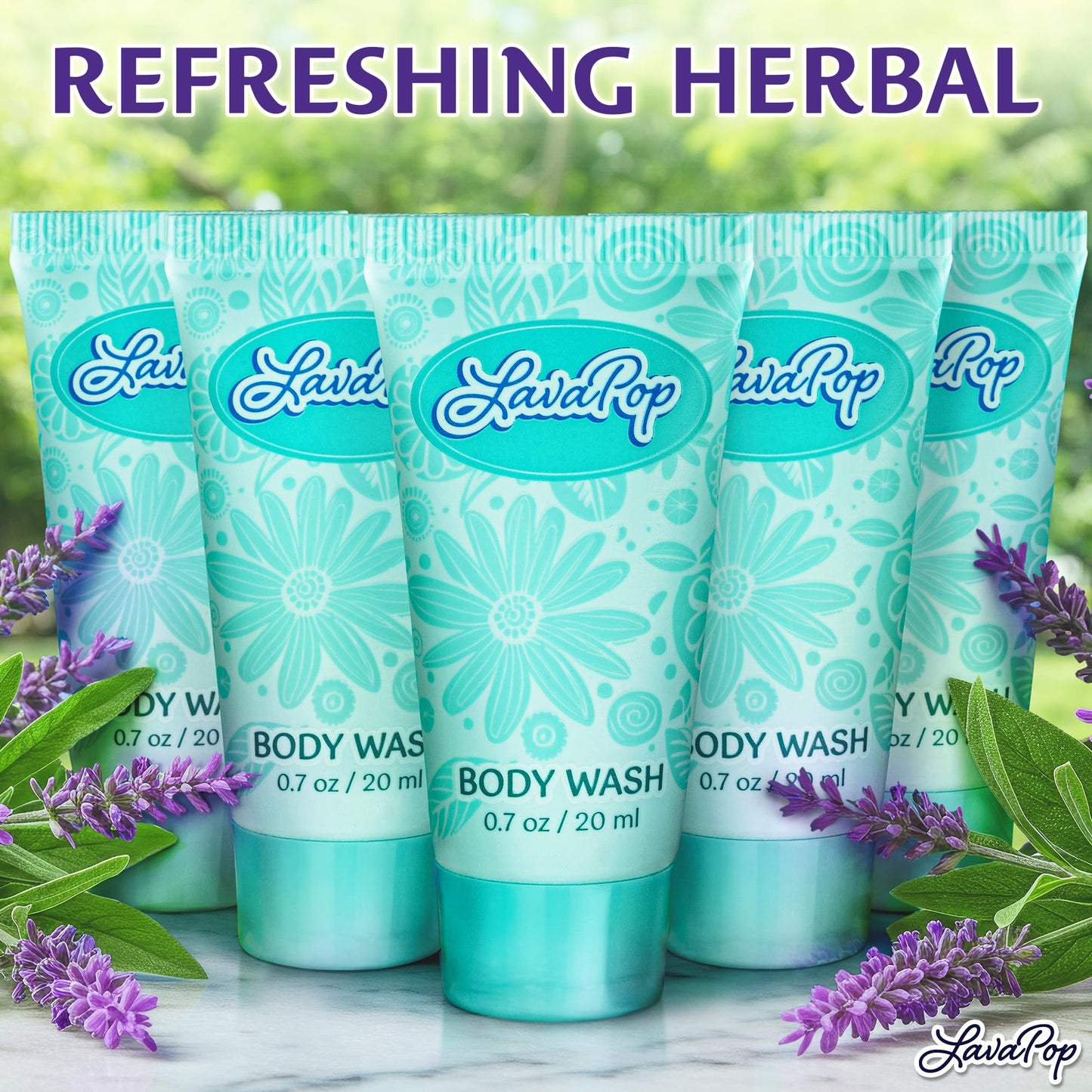 LavaPop - Travel Size Body Wash - Iris, Violet & Amber, 0.7 fl oz, 100 Pack - Delight Your Guests with Calming & Comforting Body Wash - Bulk Hotel Toiletries for Airbnb, Motels & Guest Rooms