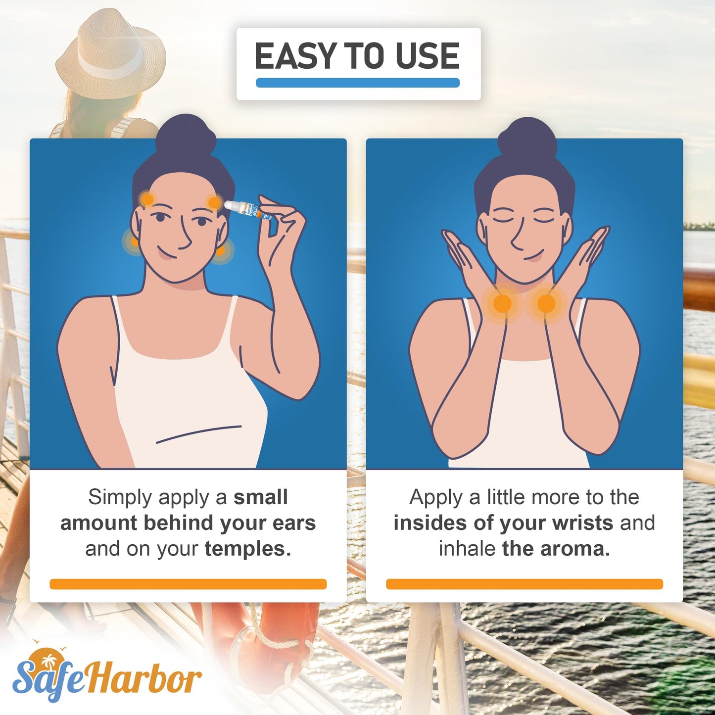 SafeHarbor Motion Sickness Relief Roll-On | Anti Nausea Essential Oil for Sea Sickness, Dizzy & Carsick Relief in Children and Adults, Your Cruise Ship Essential | 100% Natural, Drug Free (10 ml)