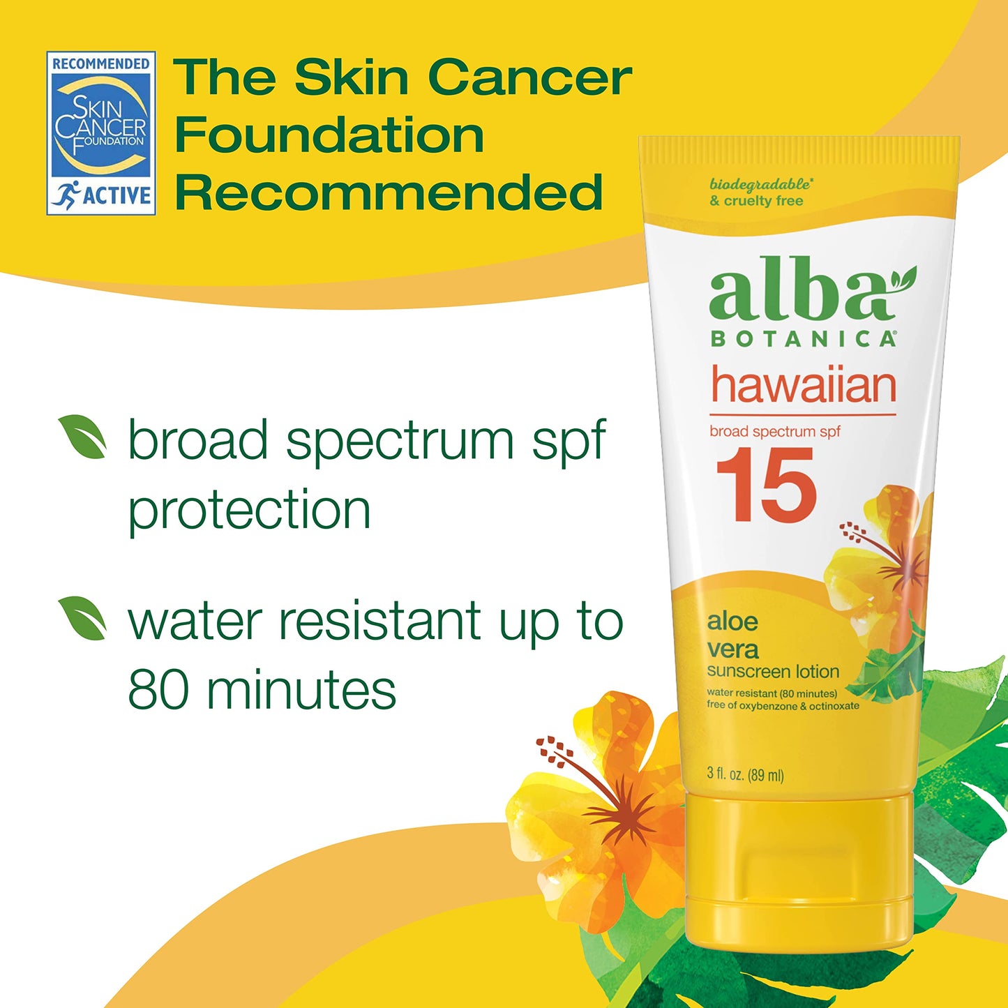 Alba Botanica Sunscreen for Face and Body, Hawaiian Aloe Vera Sunscreen Lotion, Broad Spectrum SPF 15, Water Resistant and Biodegradable, 3 fl. oz. Bottle