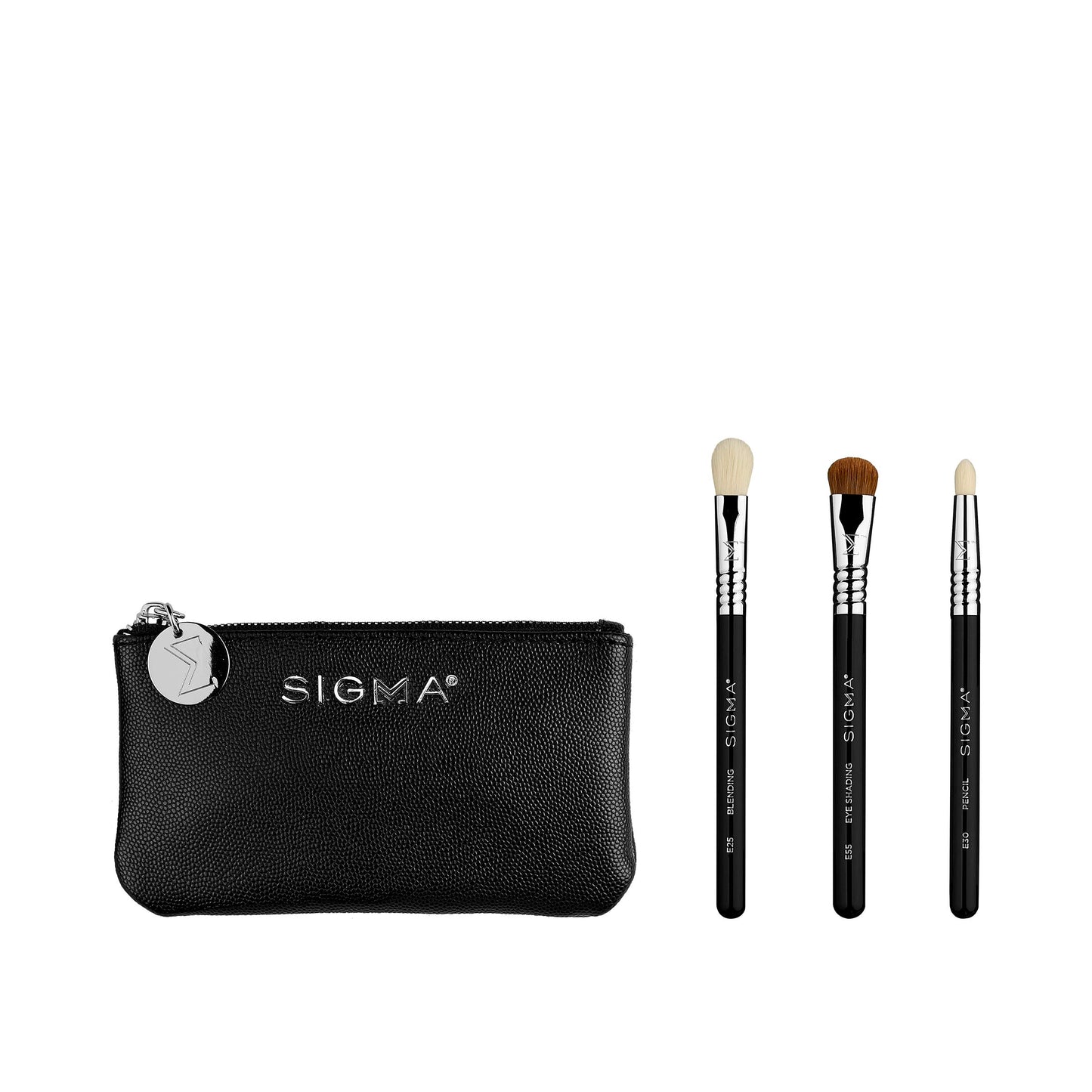 Sigma Beauty Glam ‘N Glow Mini Eye Makeup Brush Set – Set of 3 Eye Makeup Brushes for Blending, Shading, Lining, and Smudging, Includes Stylish Black Small Makeup Bag (4 Pcs)