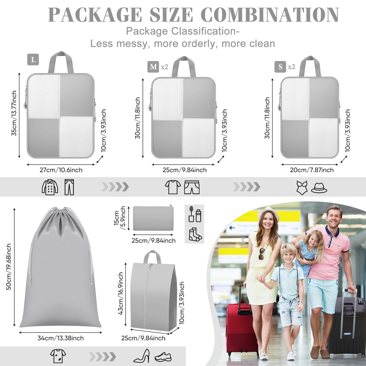 8 Set Compression Packing Cubes Travel, Lightweight Expandable Travel Cubes Suitcase Organizer for Carry On Luggage Suitcase, Grey