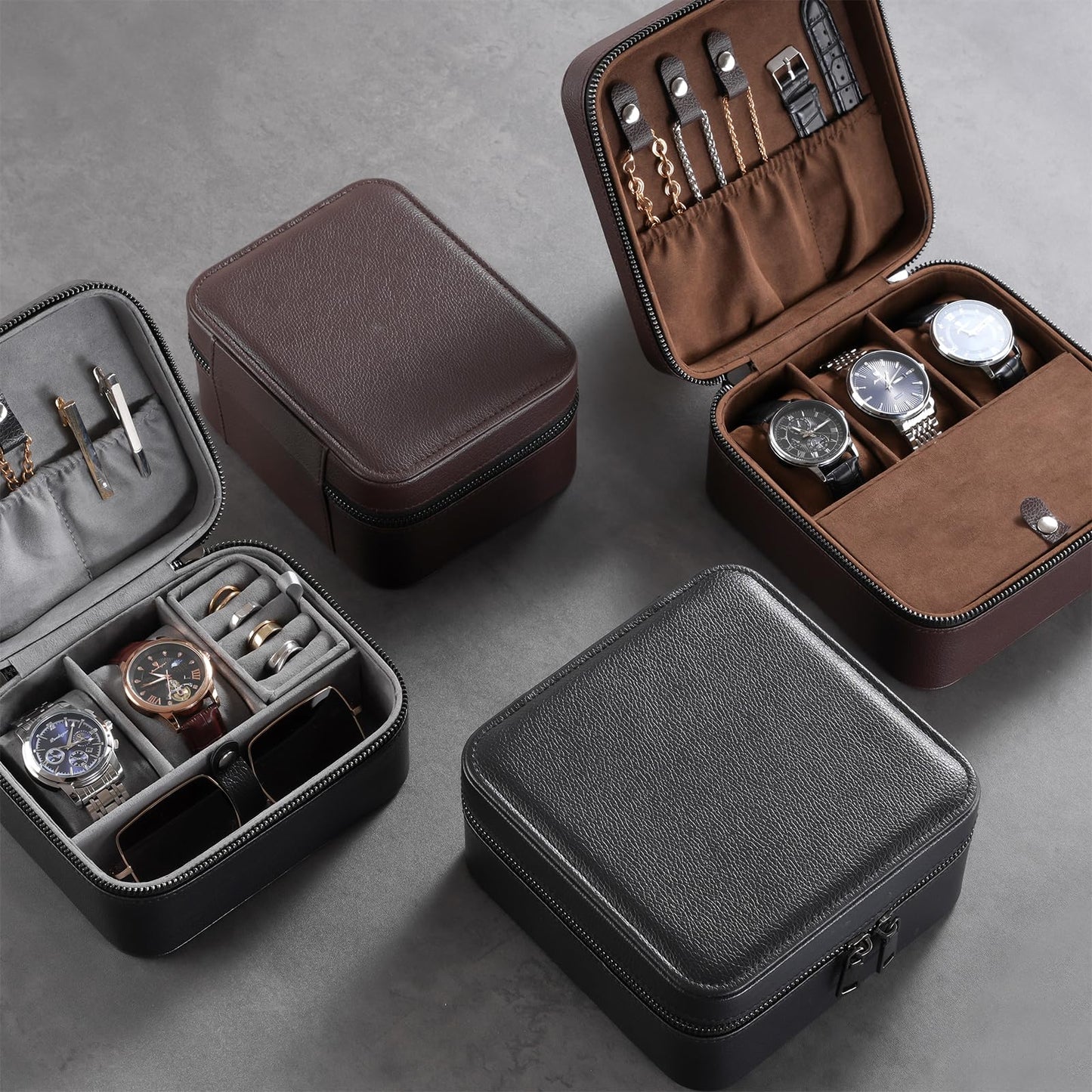 ProCase Travel Watch Case, 2 Slots PU Leather Mens Jewelry Box, Portable Watches Cufflinks Accessories Storage Case, Zippered Carrying Organizer Bag for Man -Black