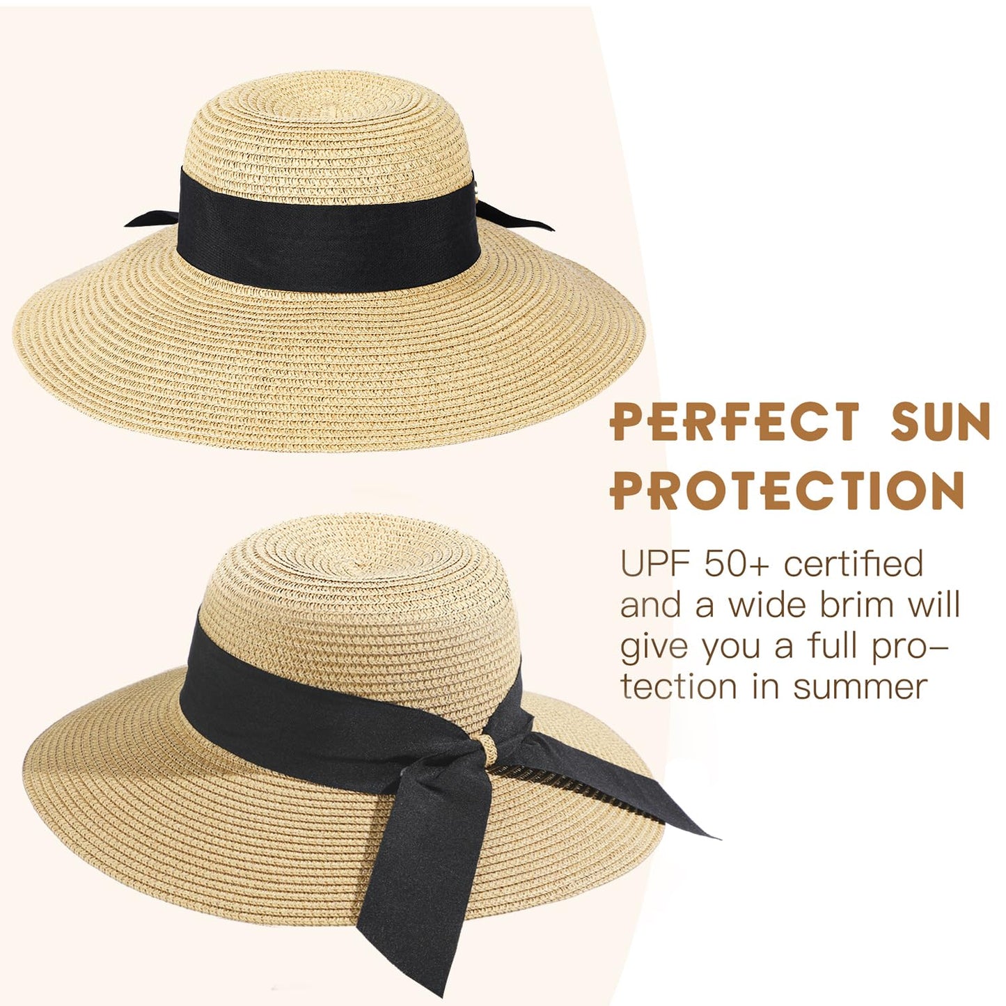 Womens Beach Sun Straw Hat - UV Protection UPF 50+ Sun Hats for Women with Wide Brim, Foldable Floppy Straw Beach Hat for Women
