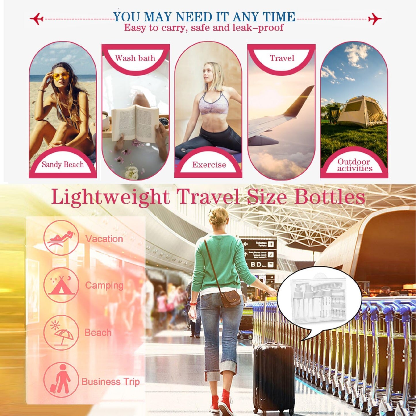 Portable Travel Bottles Kit, Upgraded TSA Approved Leak Proof Toiletry Containers Set, Clear PET Flight Size Cosmetic Containers for Lotion, Shampoo, Cream, Soap, Set of 12, White