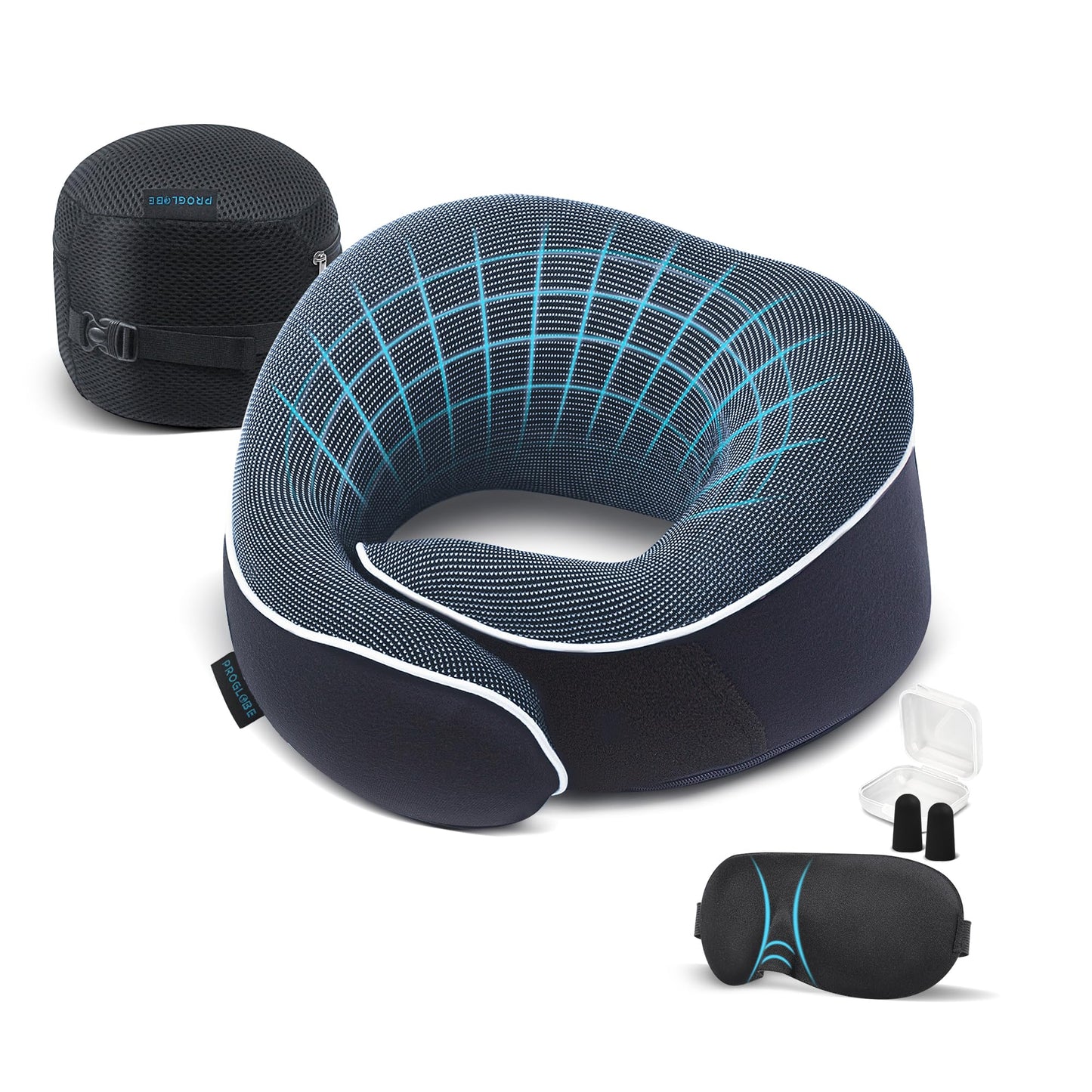 Proglobe Orthopedic Neck Pillow Travel Neck Pillows for Airplanes, Memory Foam Kit, Updated Resting Material, Airplane Travel Set with 3D Contoured Eye Masks, Earplugs, and Luxury Mesh Bag (Blue)