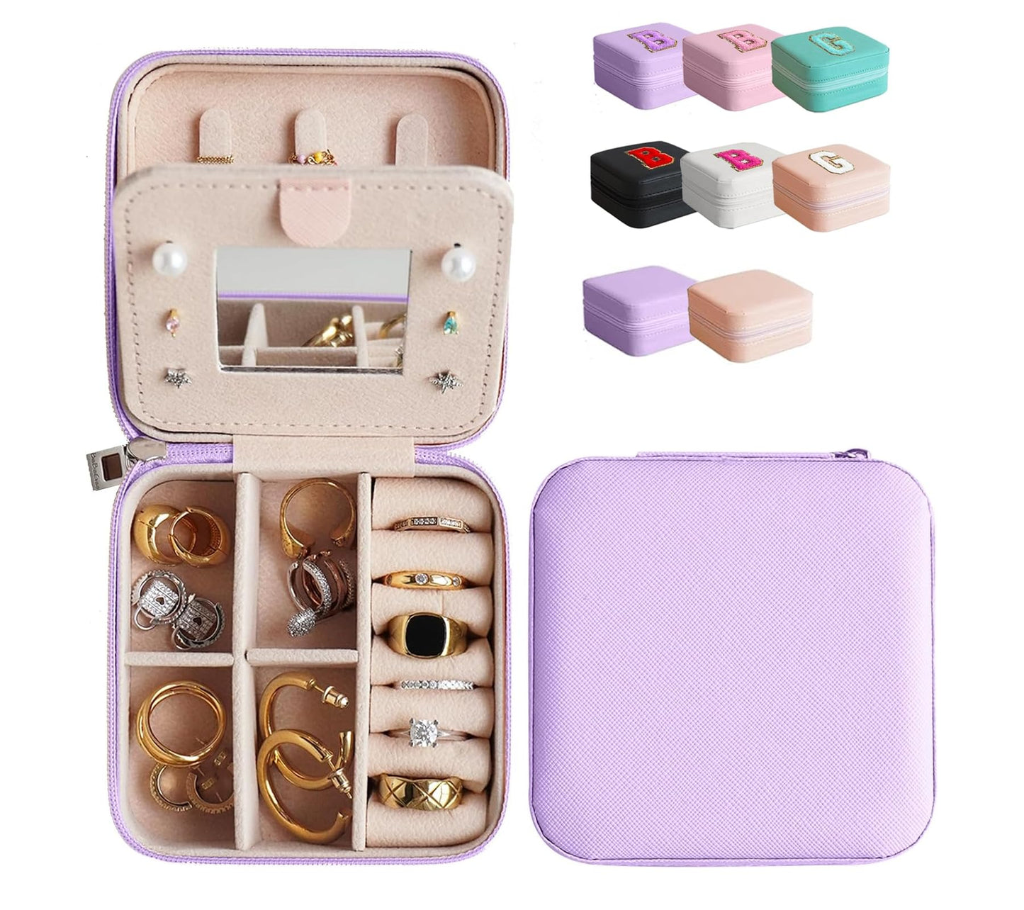 Travel Jewelry Case Mini Portable Jewelry Travel Organizer, Teacher Gifts, Small Jewelry Box for Bridesmaid Proposal Gift, Birthday Gifts for Women to Store Jewelry(Lavender with Mirror)