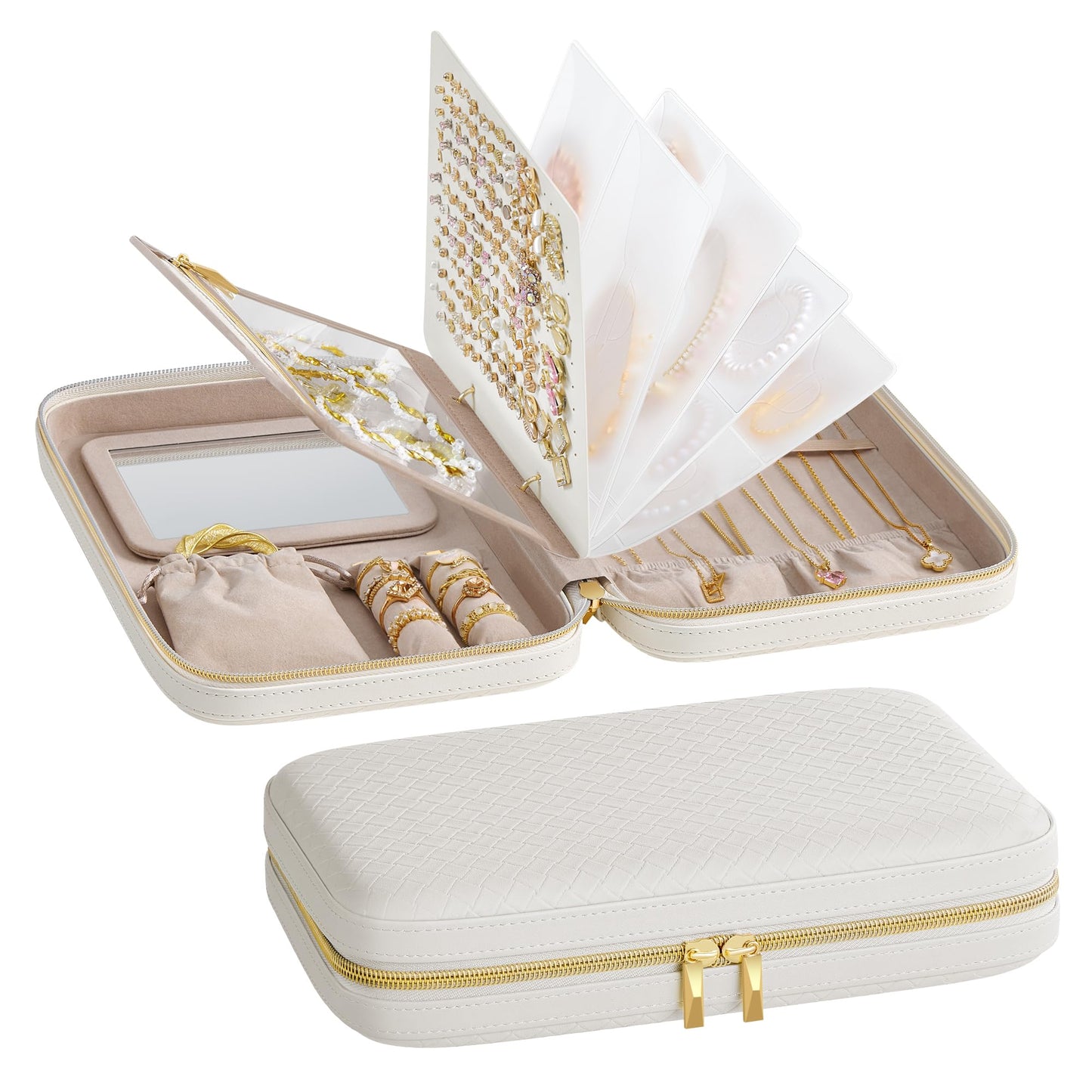 SONGMICS HOME Travel Jewelry Case, Jewelry Organizer Box with Mirror, Jewelry Pouch, Woven Embossed PU Leather, Hard Shell, Large Capacity, Gift Idea, Cloud White UJBC204W01