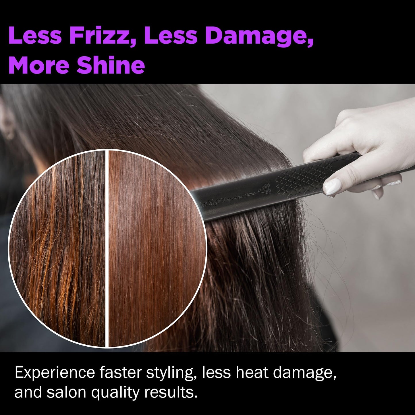 HerStyler Forever Straightening Flat Iron - Travel Friendly Dual Voltage Flat Iron 1.25 inch - Ceramic Hair Straightener for Silken Hair - Negative Ion Technology to Fight Frizz