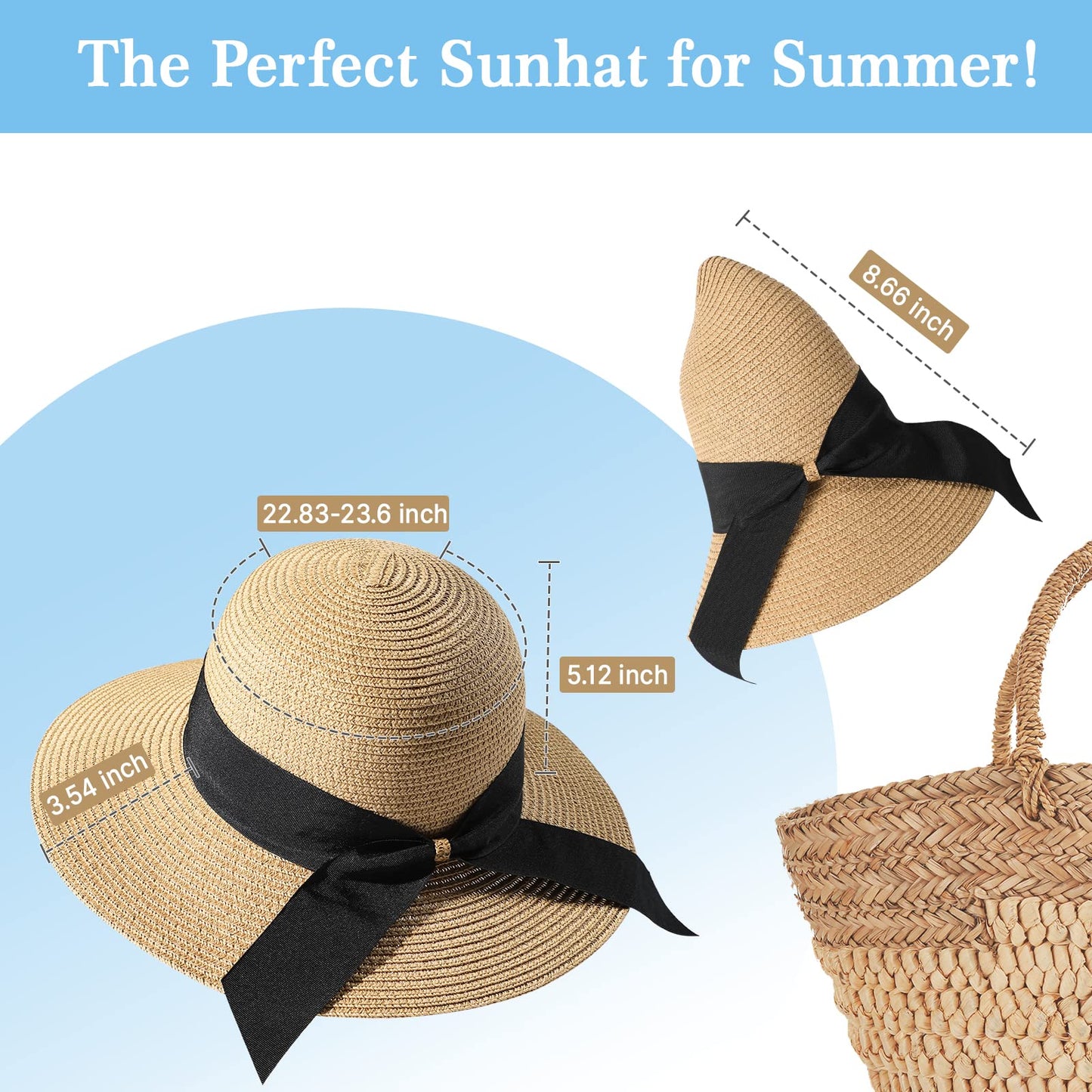 Beach Sun Hats for Women, Straw Hat for Women UPF 50+ UV Sun Protection Summer Hat Foldable Roll up Cap A-Khaki