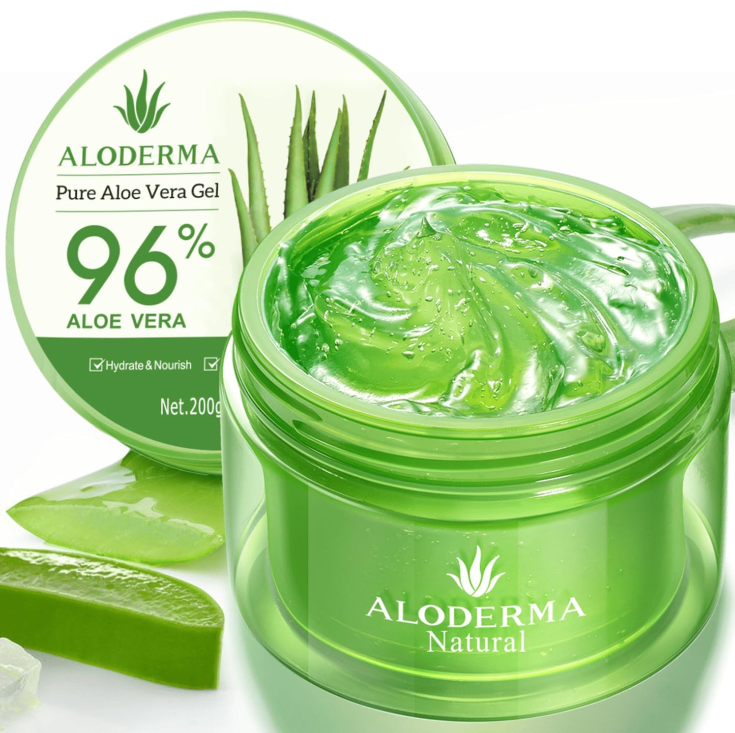 Aloderma Organic Aloe Vera Gel for Face & Body, 96% Pure Aloe Gel Made within 12 Hours of Harvest, Ideal for Skin, Scalp, & Hair Hydration, Calming Moisturizer for Soothing After Sun Care, 7.05oz