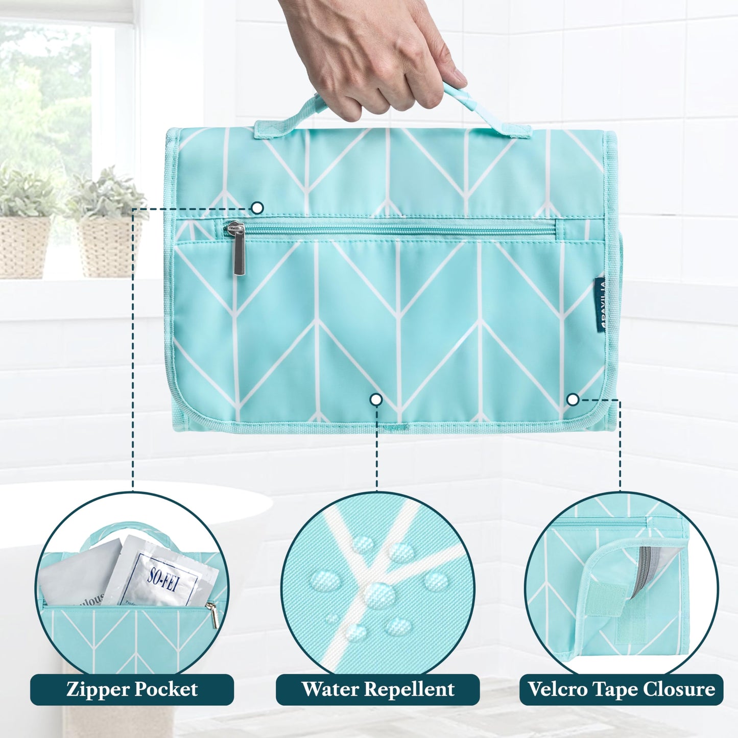 PAVILIA Hanging Toiletry Bag Women Men, Travel Kit Foldable Large Toiletries Organizer, Roll up Cosmetics Makeup Bag Accessories, Waterproof Essentials Jewelry Case (Teal Chevron)
