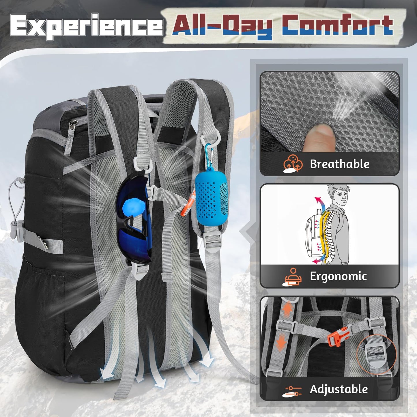 RAINSMORE Foldable Hiking Backpack for Women Men Packable Camping Backpack 40L Waterproof Hiking Daypack Bag Lightweight Collapsible Daypack for Travel Trekking Mountaineering Large Capacity Black