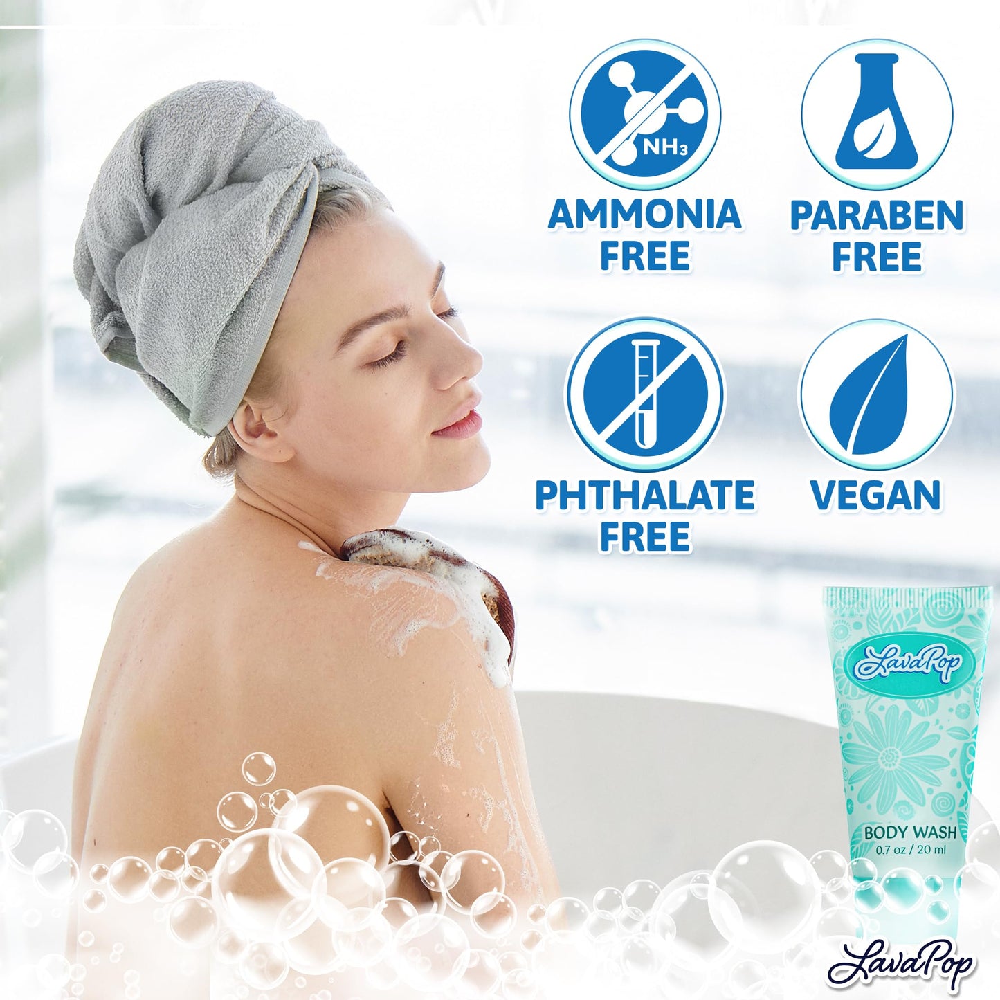 LavaPop - Travel Size Body Wash - Iris, Violet & Amber, 0.7 fl oz, 100 Pack - Delight Your Guests with Calming & Comforting Body Wash - Bulk Hotel Toiletries for Airbnb, Motels & Guest Rooms