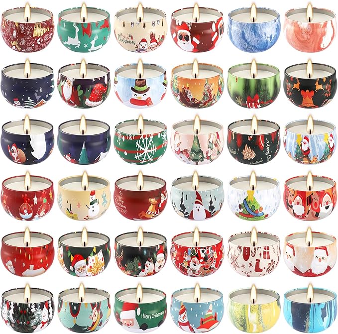 36Pack Christmasc Sets,Long Burning,2.5oz Natural Soy Wax with Essential Oils Decorative Aromatherapy Candles for Christmas,Thanksgiving Gift, Home Scented