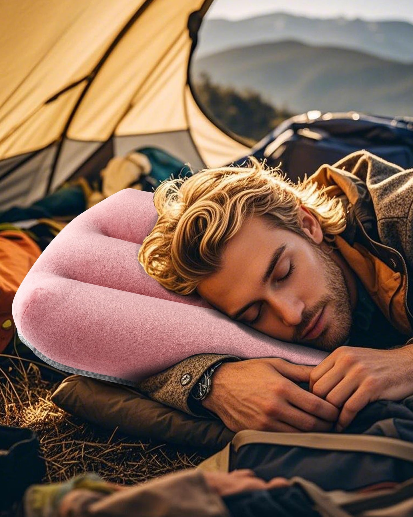 Kampair Ultralight Inflatable Camping Pillow for Sleeping – Soft Velvet Cover, Compact & Portable, Ergonomic Neck Support, Machine Washable Air Pillow, Perfect for Travel, Hiking, Backpacking – Pink
