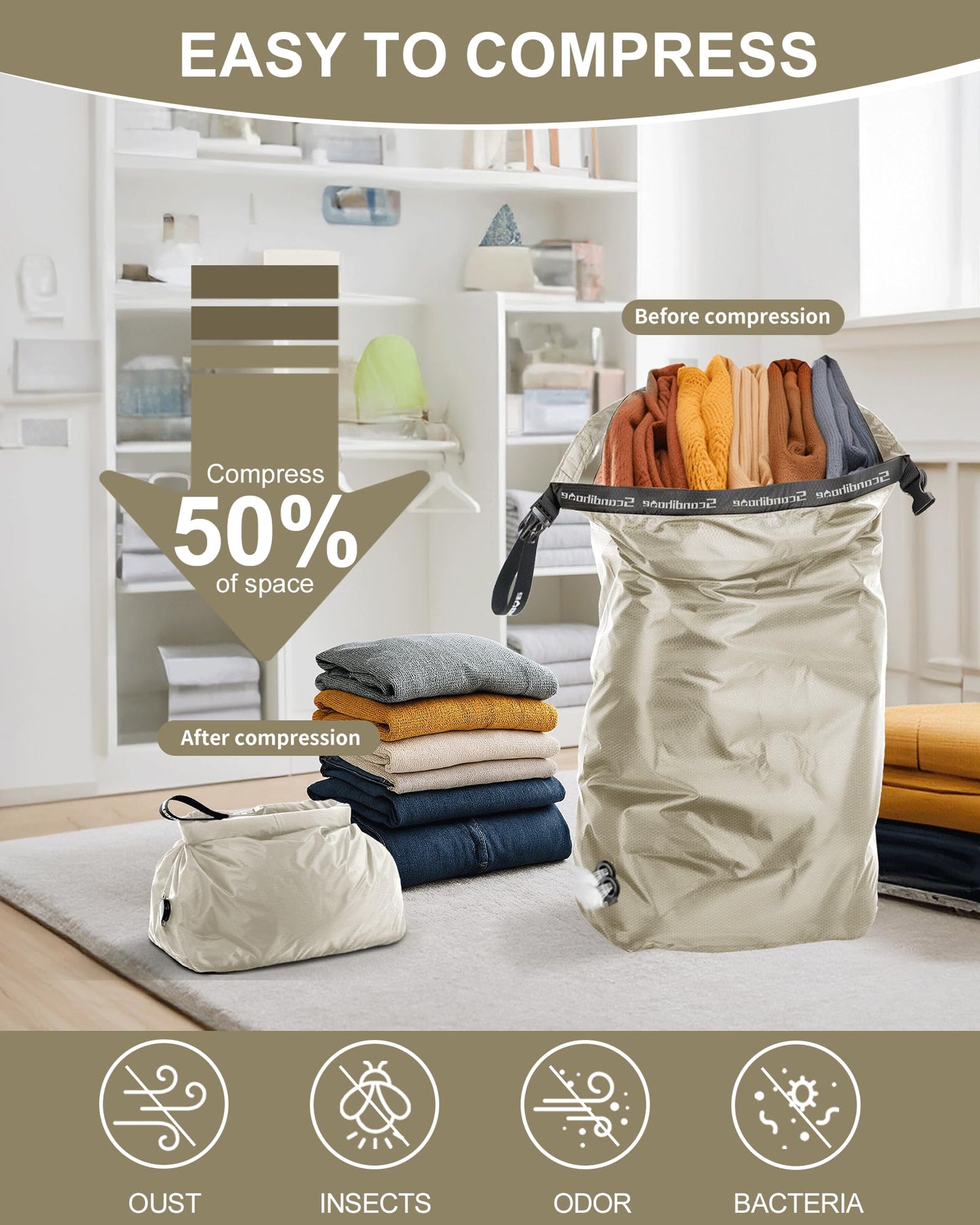 EPEDAL24 Travel Laundry Bag, Pump-free Vacuum Compression Dirty Clothes Bag, Large Reusable Waterproof & Washable Laundry Bag, Wet and Dry Bag, Ideal for Suitcases, Laundromats (1 Pcs) Gray