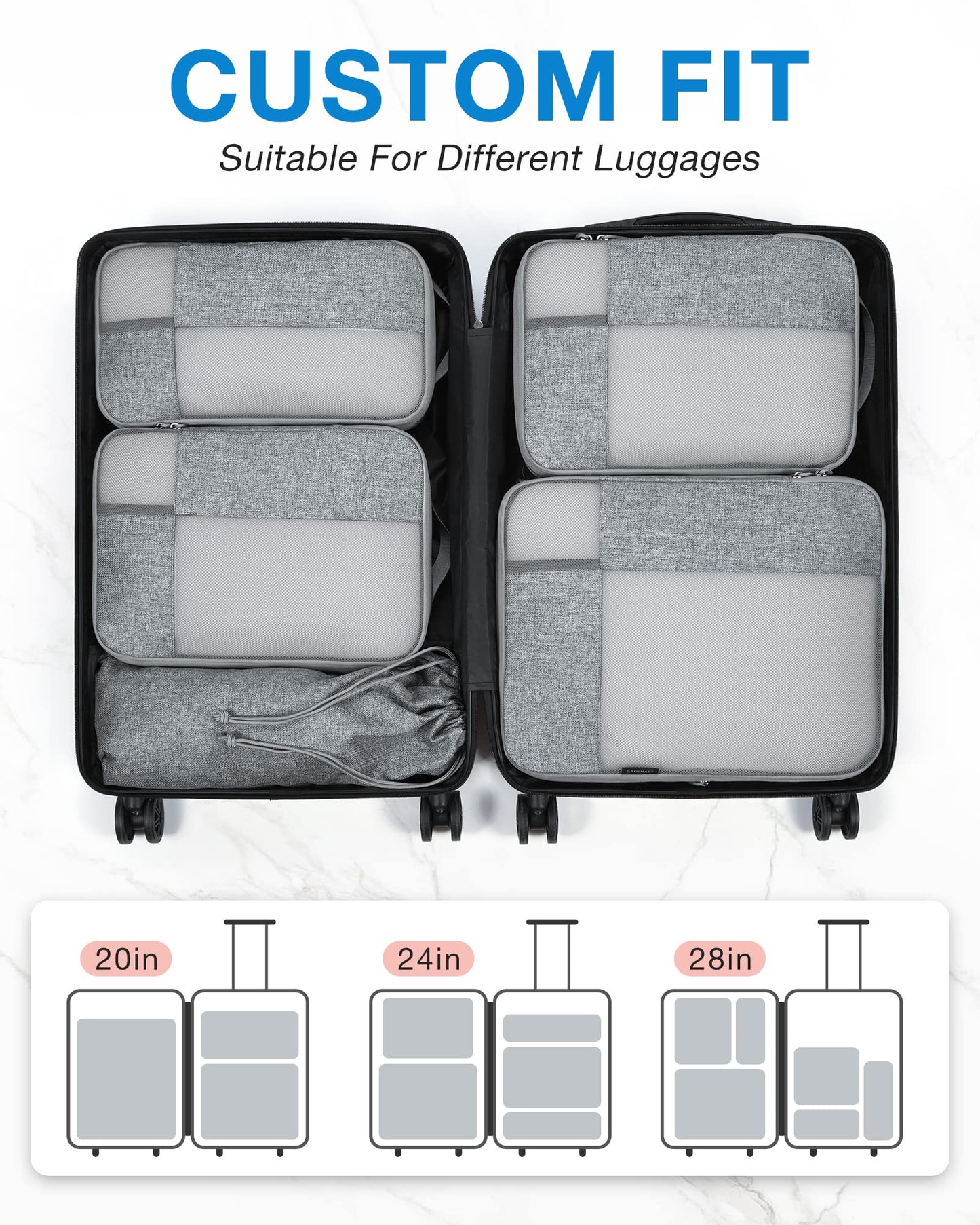 BAGSMART Compression Packing Cubes for Travel, 6 Set Travel Packing Cubes for Carry on Suitcases, Compression Travel Cubes & Suitcase Organizer for Packing with Shoe Bag Grey