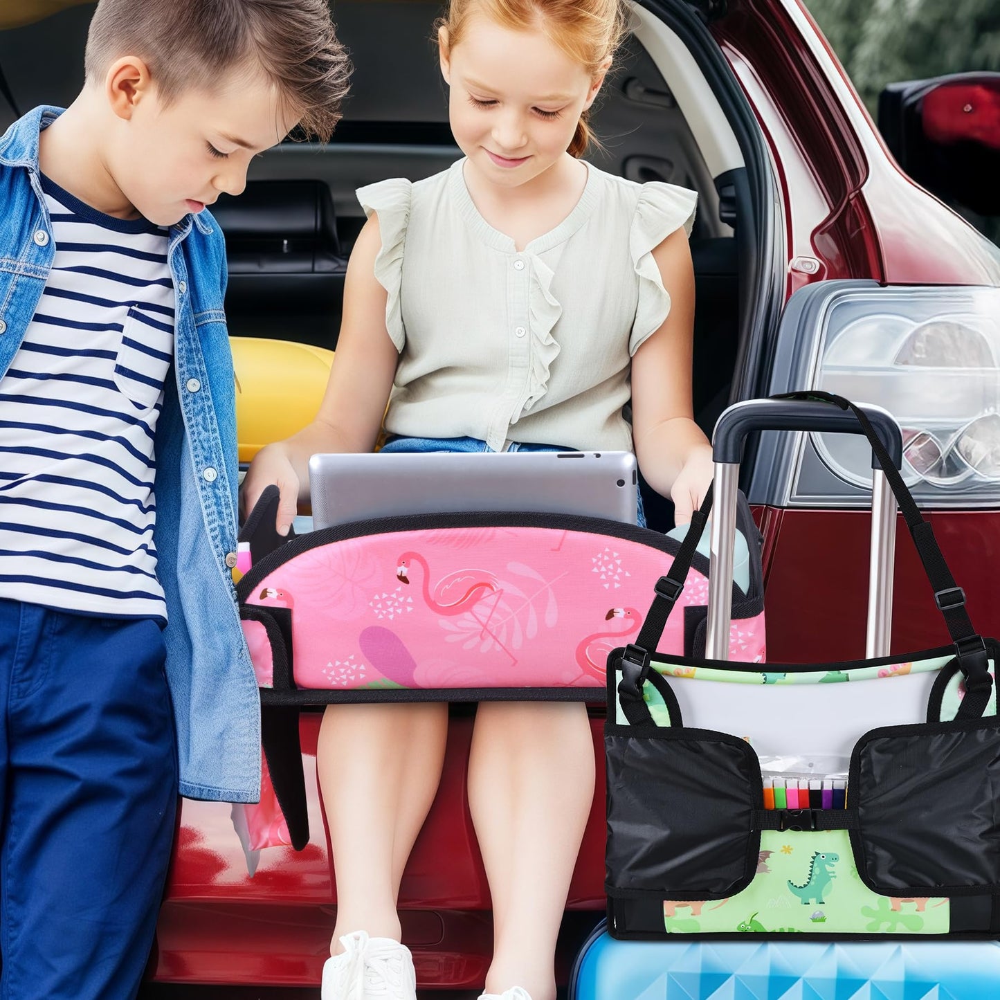 WENRENER 2PCS Kids Travel Tray, Car Seat Tray for kids Travel, Toddler Road Trip Essentials With Drawing Kit, Toddler Lap Desk Organizer for Car, Carseat Table for Airplane