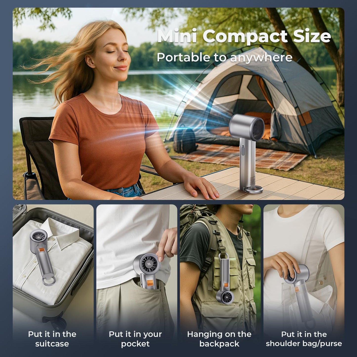 Portable Handheld Turbo Fan for Outdoor,5000mah Mini Handheld Personal Pocket Fan for Powerful Airflow Wind ,20Hrs,100 Speeds Adjustable,Digital Display,Gifts for Travel,Outdoor Activites,Camping-Grey