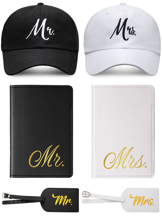 Jeyiour 6 Pieces Mr and Mrs Gifts Set for Couple Including Bride Baseball Caps Groom Mr and Mrs Luggage Tags Passport Covers for Bridal Wedding Honeymoon Couples Trip Travel Men Women Gift