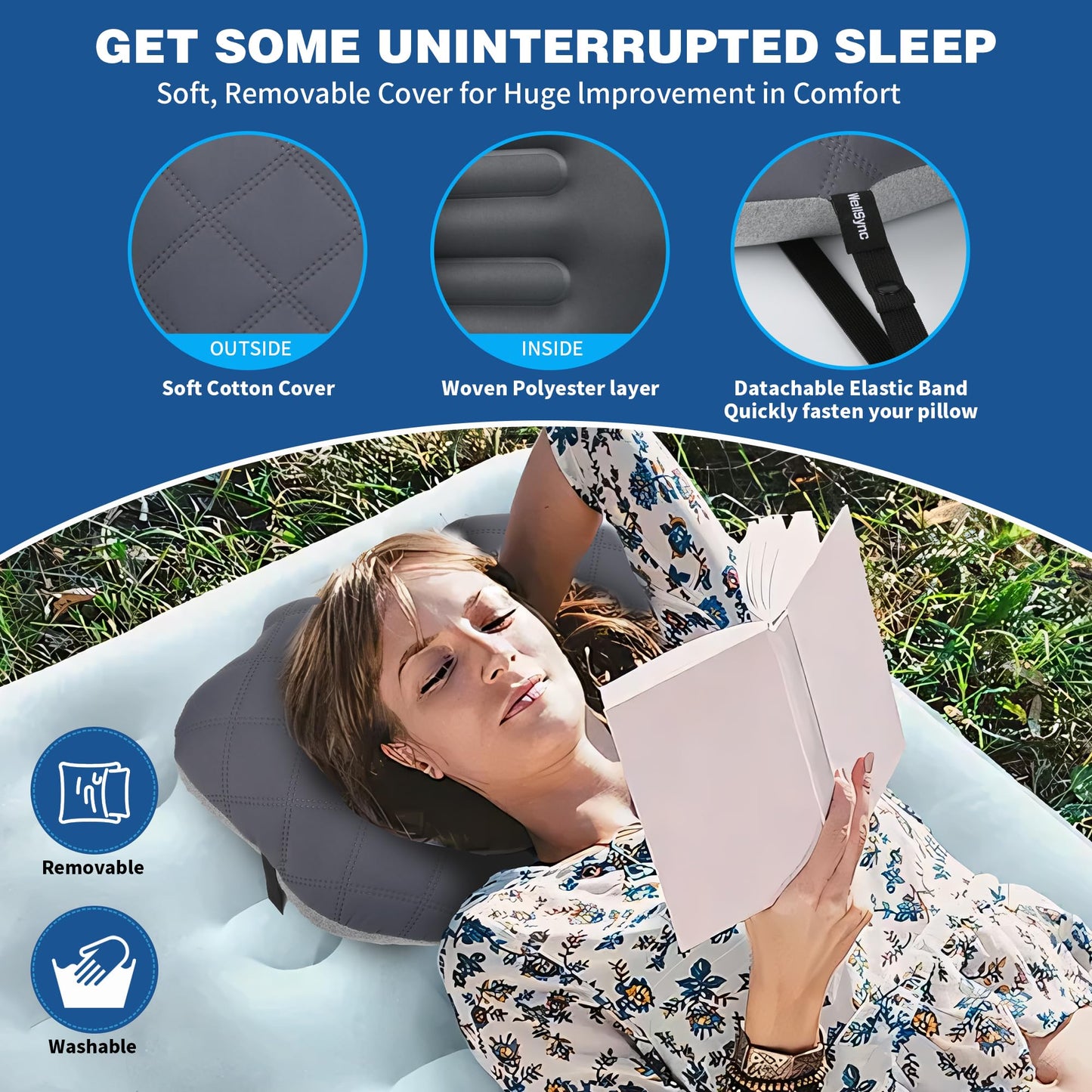 WellSync Camping Pillow with Removable Soft Cooling Cover, Ultralight Inflatable Travel Pillow for Neck Lumbar Support, Upgrade Backpacking Air Pillows for Camping, Hiking, Backpacking