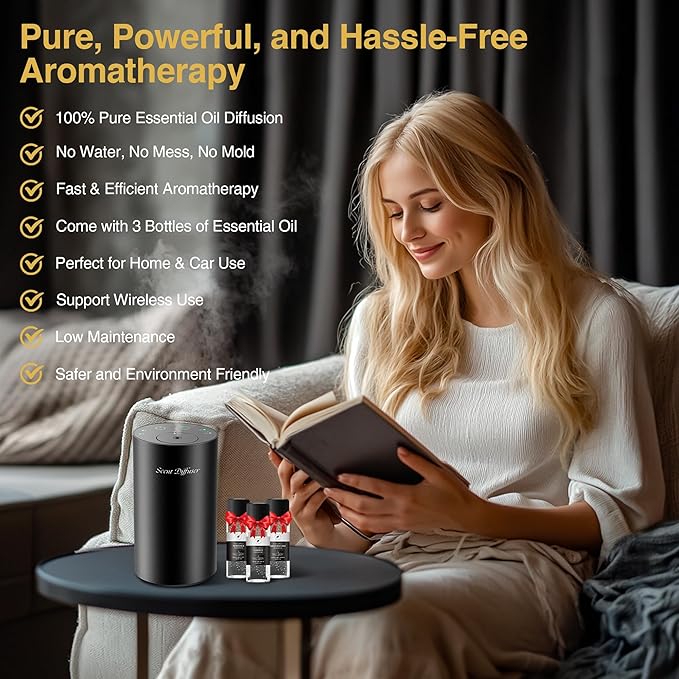 Waterless Essential Oil Diffuser Starter Kit - No Water Needed, Battery Operated Mini Scent Air Machine, Included 3x20ML Essential Oils, Portable Aromatherapy Diffuser for Home & Car & Office, Black