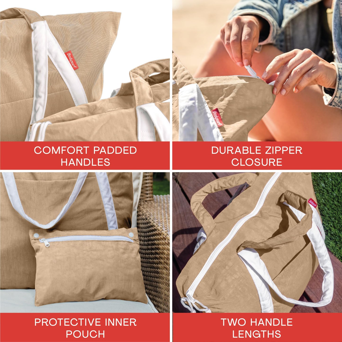 Bodysurf Beach Bags Waterproof Sandproof, Foldable & Packable Tote with Zipper for Travel, Vacation, Cruise, Boat, Swim - Oversized, Durable Ripstop Nylon Material for Family Use - XL, 17 x 25 x 10 in