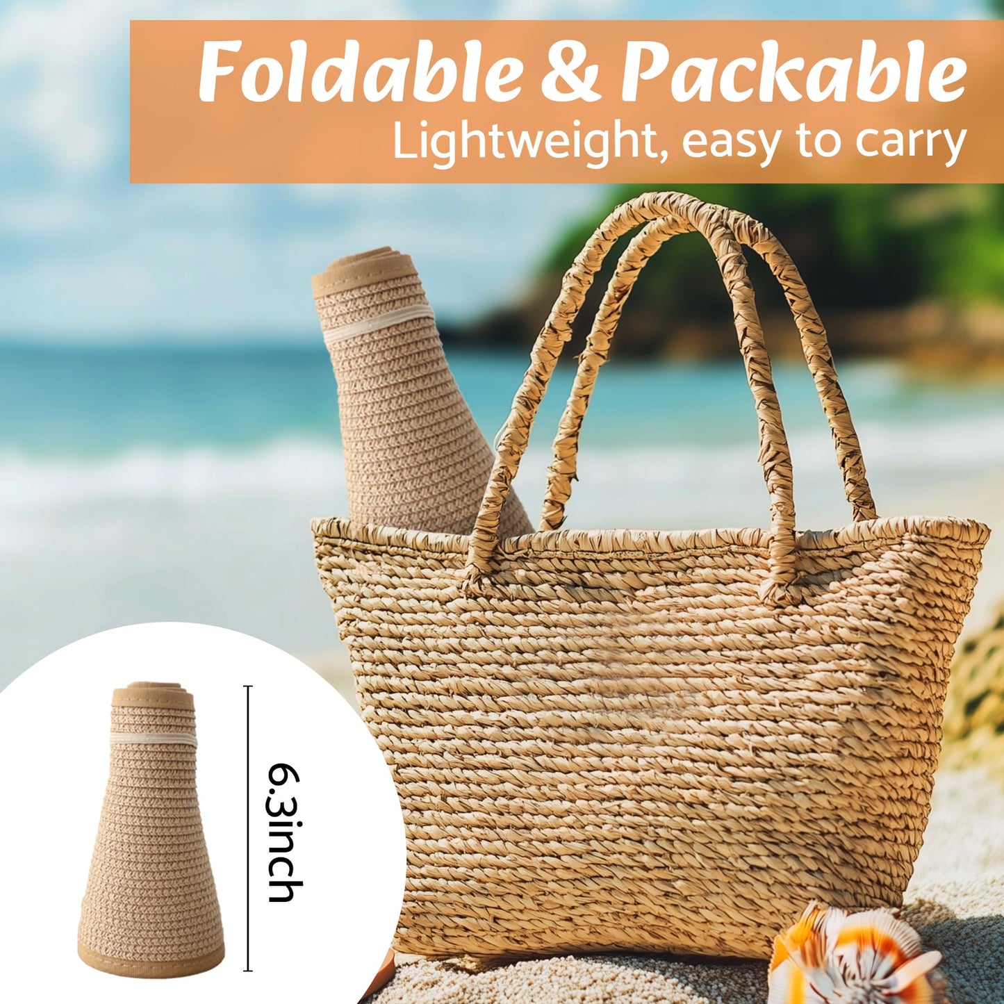 NPQQUAN Sun Visor Hats for Women Wide Brim Ponytail Straw Beach Hat Packable Foldable UPF 50+ Floppy Travel Hats Khaki