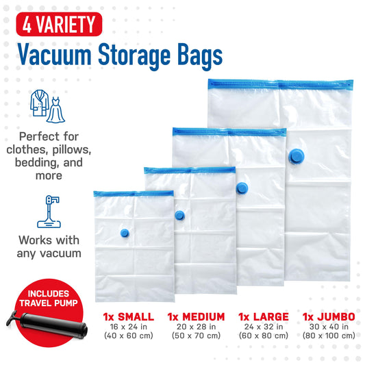 4 Pack Variety Vacuum Storage Bags for Comforters, Blankets & Clothes – Vacuum Sealed Compression Bags with Hand Pump – Space Saver Storage Bags for Bedding, Moving, Travel & Organization (2L & 2XL)