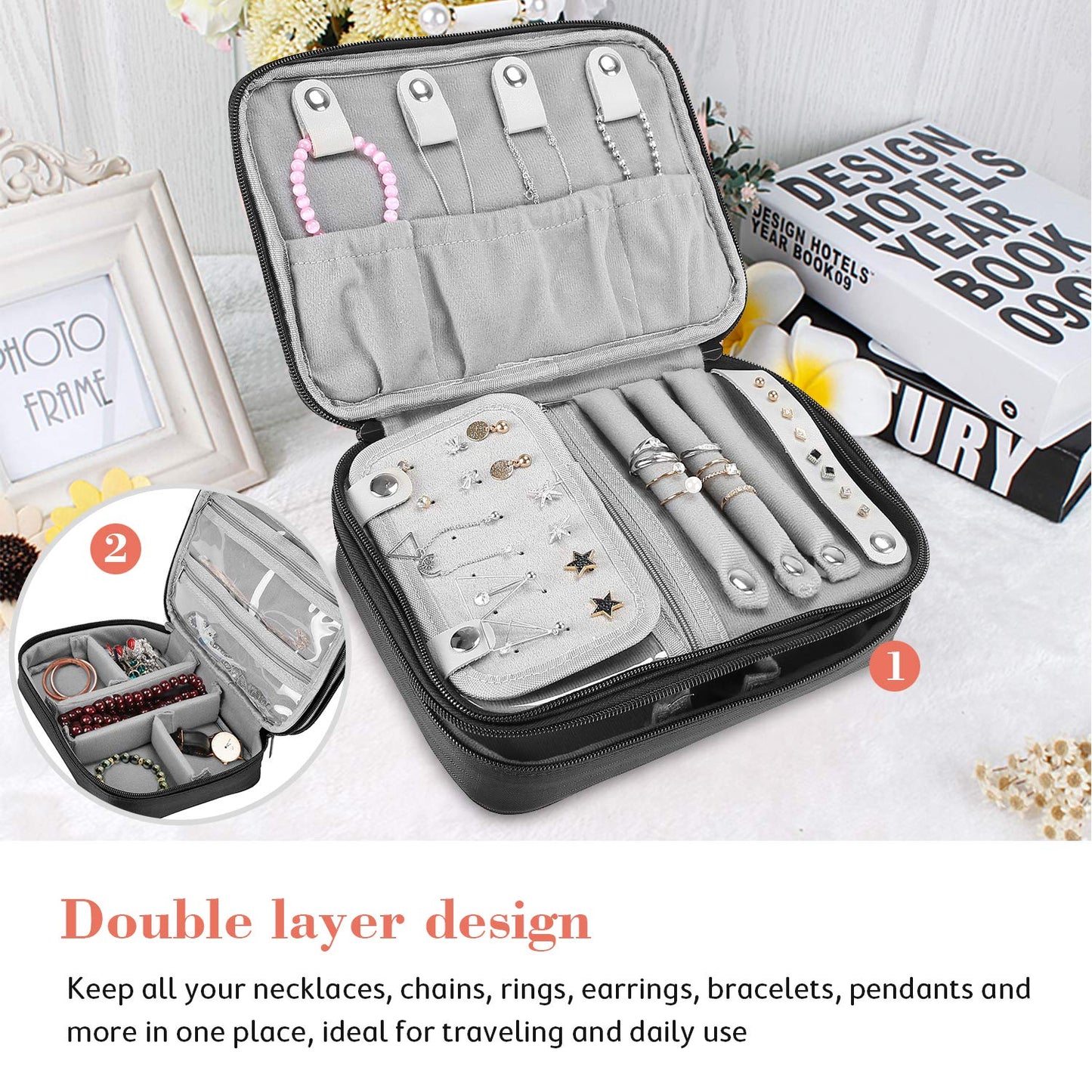 ProCase Travel Jewelry Case Organizer Bag, Soft Padded Jewelry Carrying Pouch Portable Storage Holder for Earrings Ring Necklace Bracelet Chain -Black
