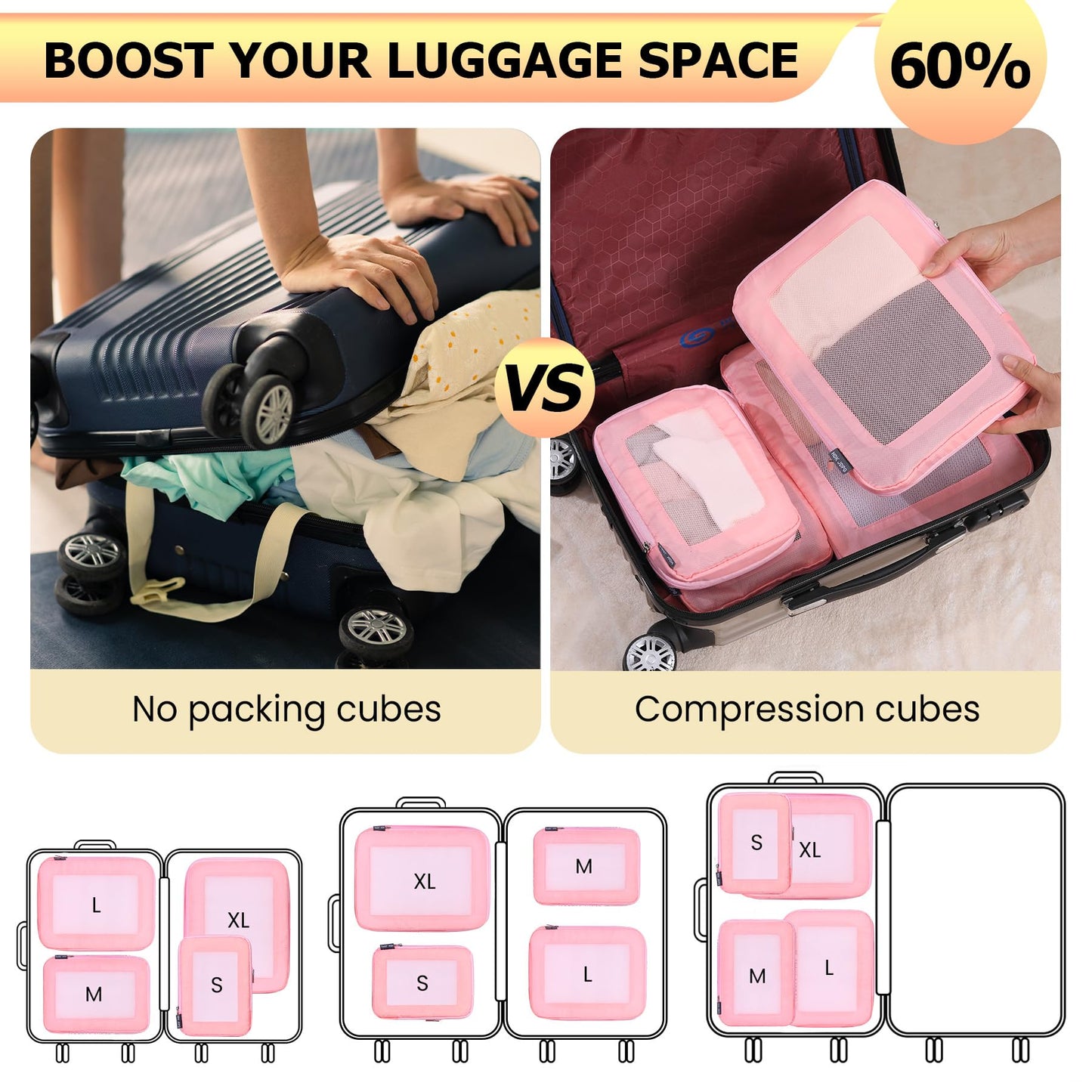 HDKJDPG 4 Set Ultralight Compression Packing Cubes Travel for Suitcases ,Compressible Mesh Packing Cubes for Travel Women Packing Organizers (Pink)