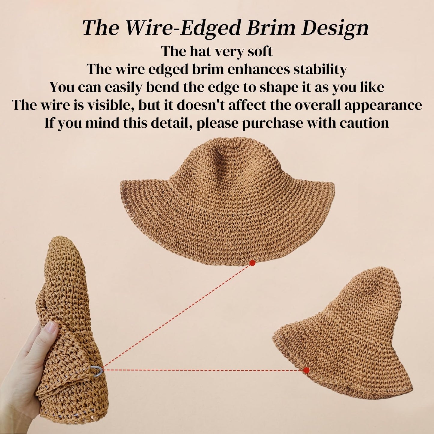 Womens Sun Hats Wide Brim Summer Beach Hat for Women Foldable Travel Fedora Handmade Crochet Straw Hat Packable UPF50+, Khaki