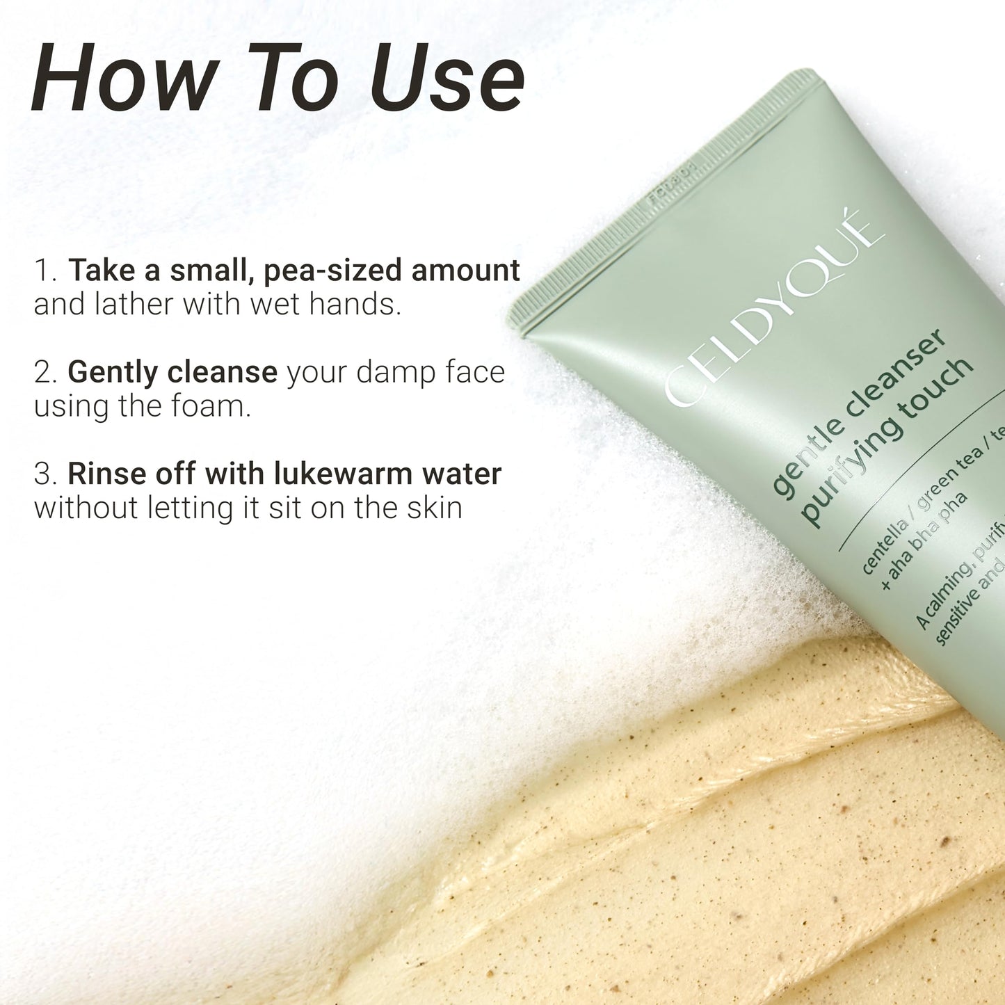 CELDYQUE Gentle Cleanser Purifying Touch β Centella, Tea Tree & Green Tea | AHA BHA PHA Exfoliating Face Wash for Sensitive, Acne-Prone Skin | Calming, Pore Purifying Korean Cleansing Foam, 5.07 fl oz