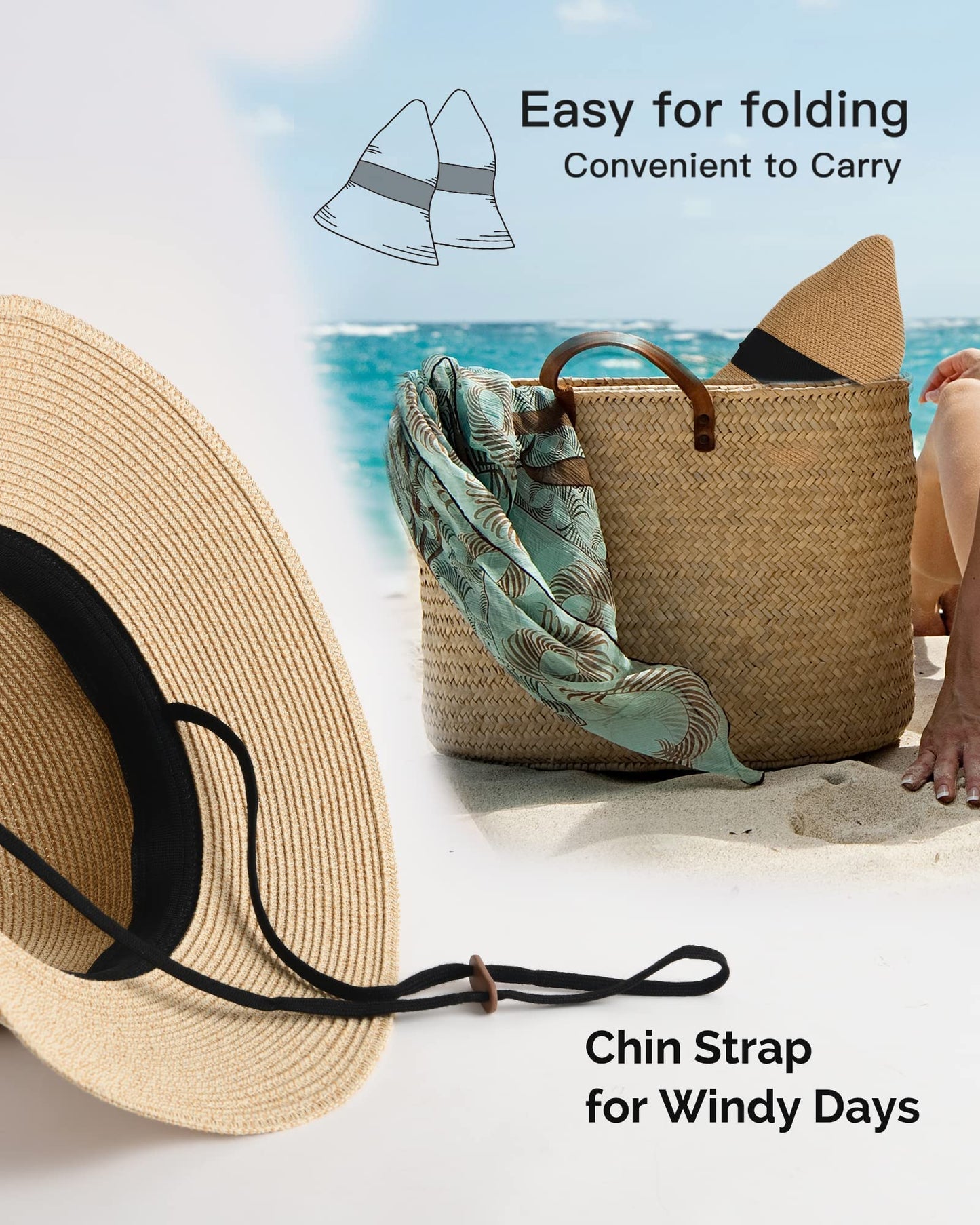 FURTALK Womens Beach Sun Straw Hat UV UPF 80+ Travel Foldable Brim Summer UV Hat