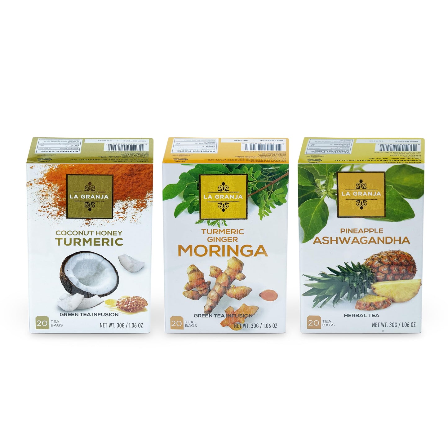 Premium 3 Flavor Herbal Tea Gift Set Variety Sampler 60 Bags Turmeric Ginger, Coconut Honey Turmeric, Pineapple Ashwagandha Sugar Free Zero Calories