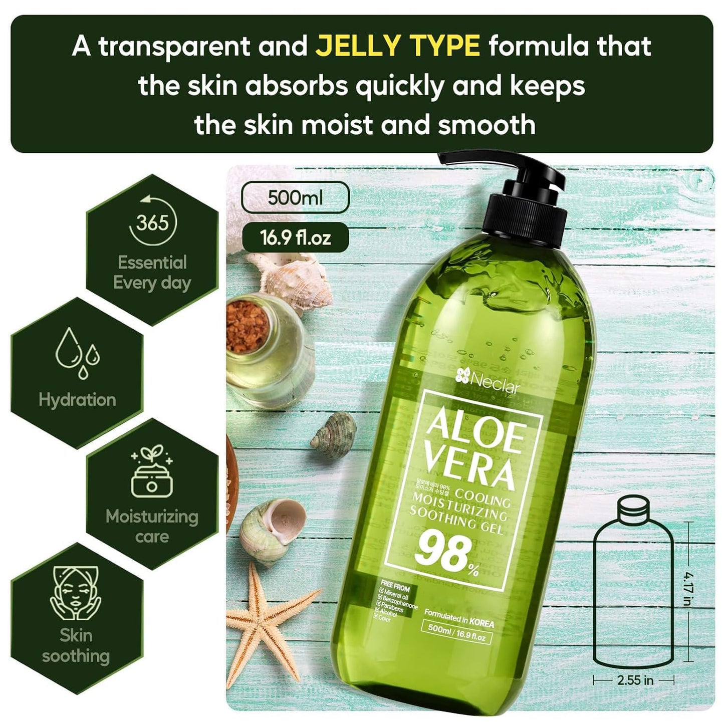 Neclar Aloe Vera Gel - for Sunburn Relief - Big 16.9 oz / 500ml - 98% Pure Aloe Gel - For Face, Skin and Hair - After Sun Care lotion - Sun Burn Moisturizer Cream (16.9 Fl oz)