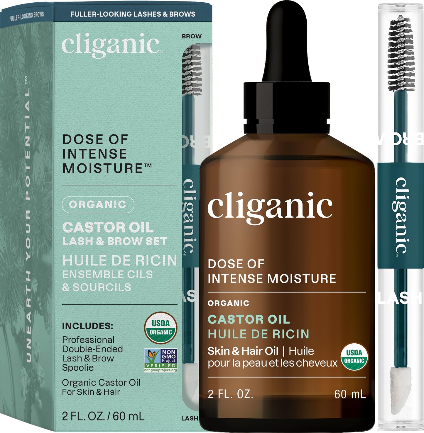 Cliganic Organic Castor Oil, 100% Pure (2oz Glass Bottle with Eyelash Kit) - For Eyelashes, Eyebrows, Hair & Skin (Packaging May Vary)