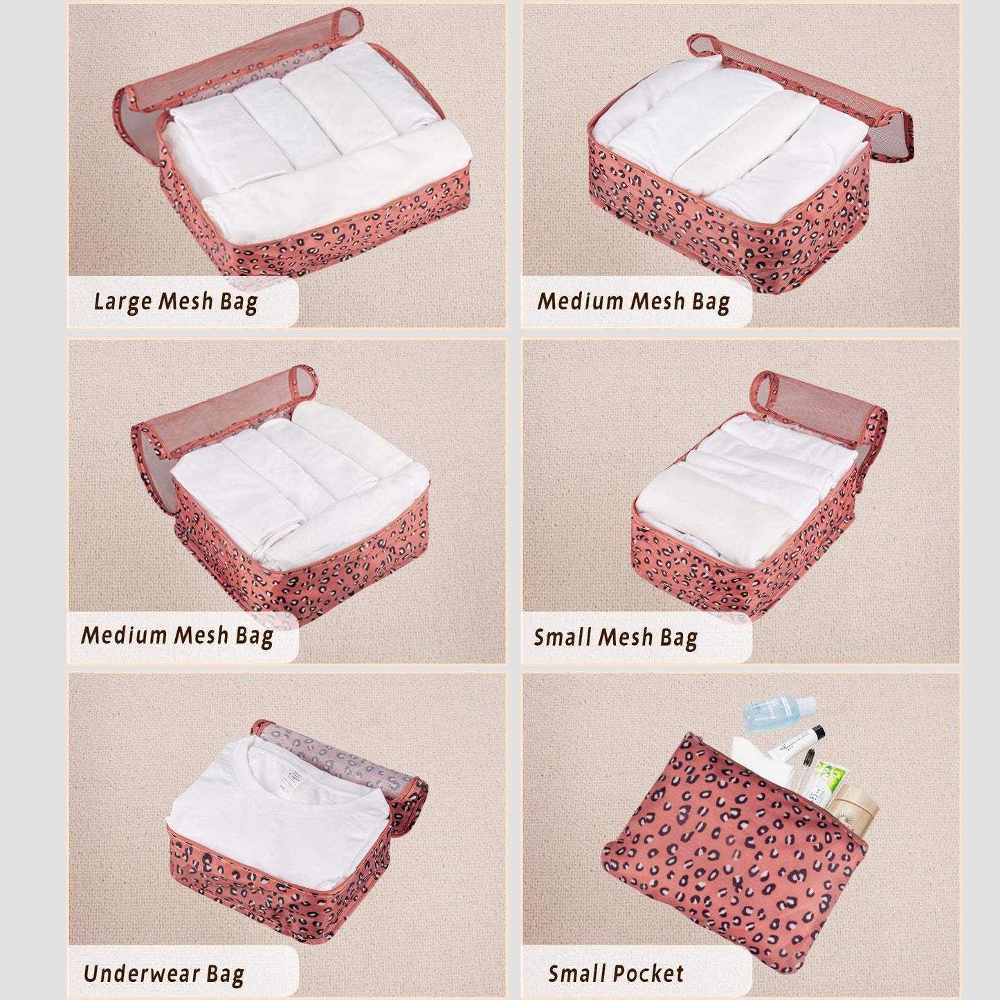 Vercord 7 Set Travel Packing Organizers Cubes Luggage Suitcase Organizer Bags Clothes Underwear Cube Shoe Pouch Pack Pink Leopard