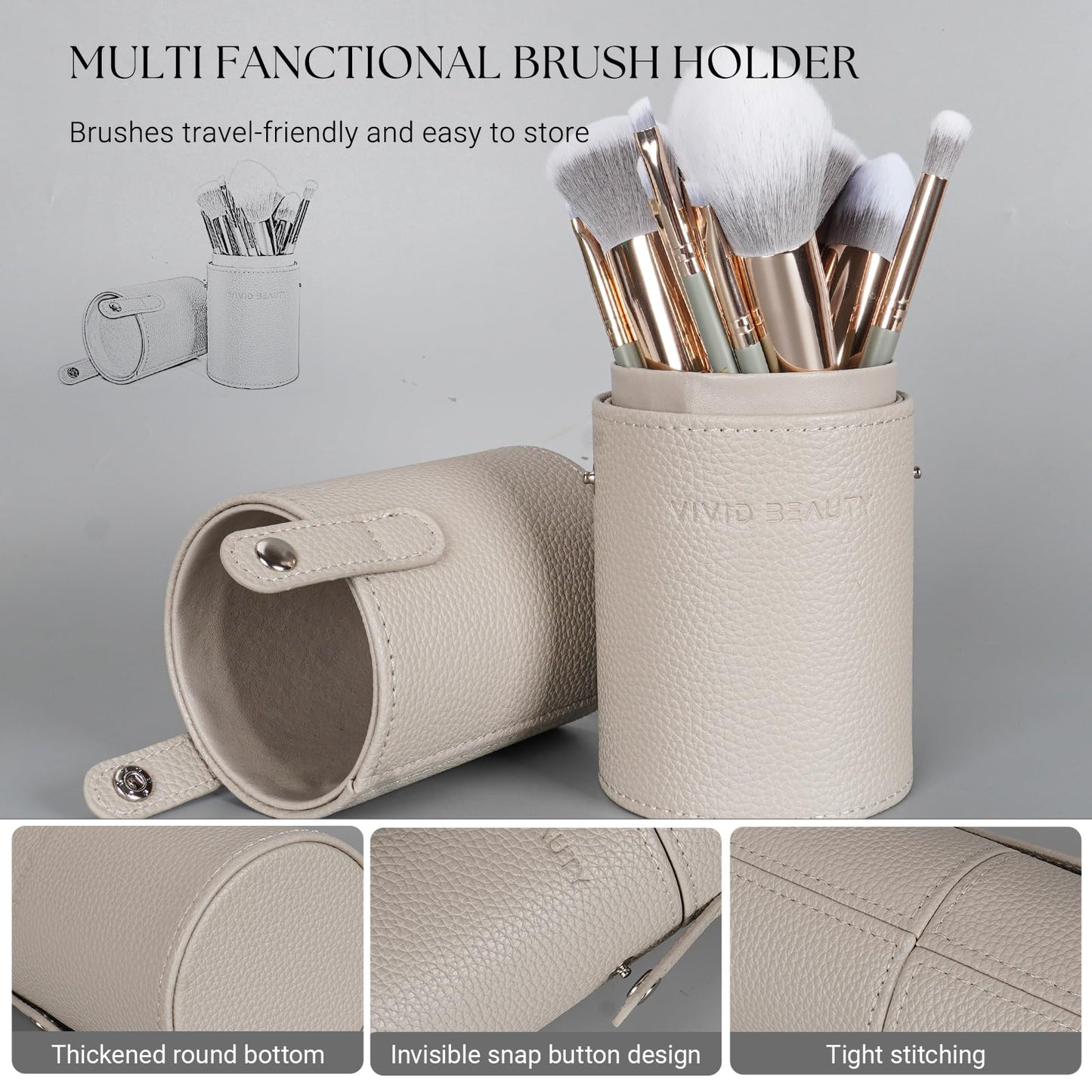 Vivid Beauty Makeup Brush Set, 18 Pcs Make up Brushes for Face and Eye with Travel Case – Natural Wood Handles – Unique Pointed Design, Makeup Brushes for Professional & Beginner Makeup Lovers (Gray)