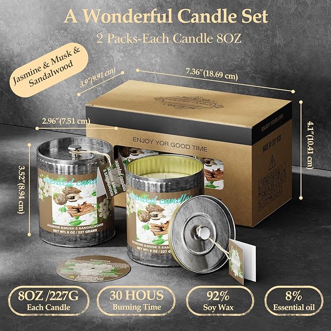 Jasmine&Musk&Sandalwood Scented Candle Set | 2Pack 16oz 80H Burn Time,8% Essential Oils | Smoke-Free Pure Soy Wax | Aromatherapy for Relaxing,Yoga Meditation Spa,Gift Set for Men/Women/Father's Day
