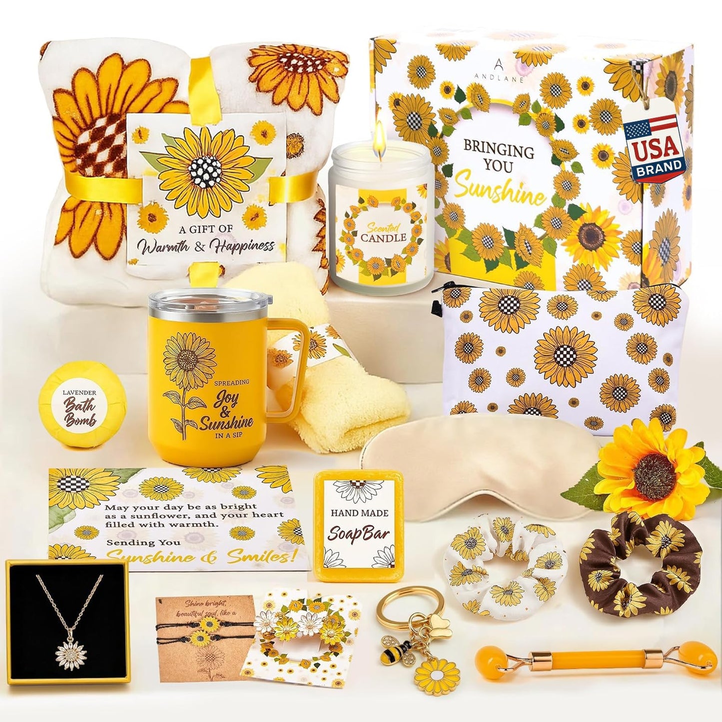 18Pcs Sunflower Gifts for Women - Unique Gift Basket Set - Birthday Gifts for Women, Best Friend, or Sister - Sunshine Box Care Package, Get Well Soon, Thinking of You, Friendship Basket