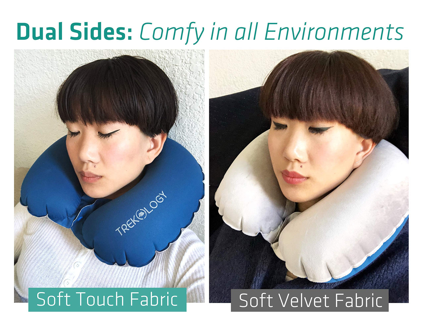 TREKOLOGY Inflatable Neck Pillow for Travel – Compact Ultralight Air Pillow with Button Inflation & Quick Deflate – Dual-Fabric Neck Support Cushion for Airplane, Car, Train, Bus