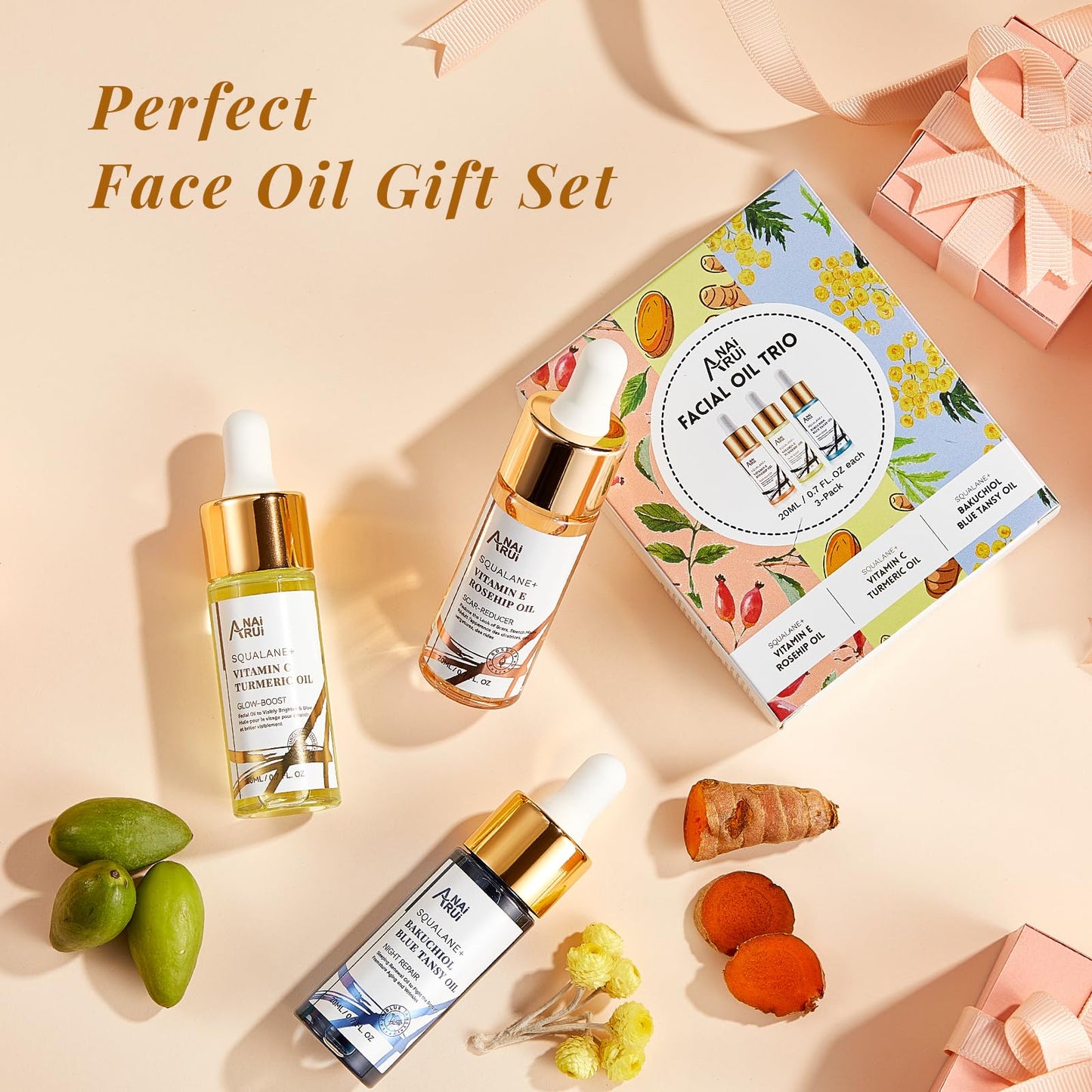 ANAI RUI Squalane Facial Oil Set,Face Oil Gift Set, Vitamin E Rosehip Oil +VC Turmeric Oil +Bakuchiol Oil,Soothing ,Stocking Stuffer for Women 20 ML/ 0.7fl.oz Each 3 Pack