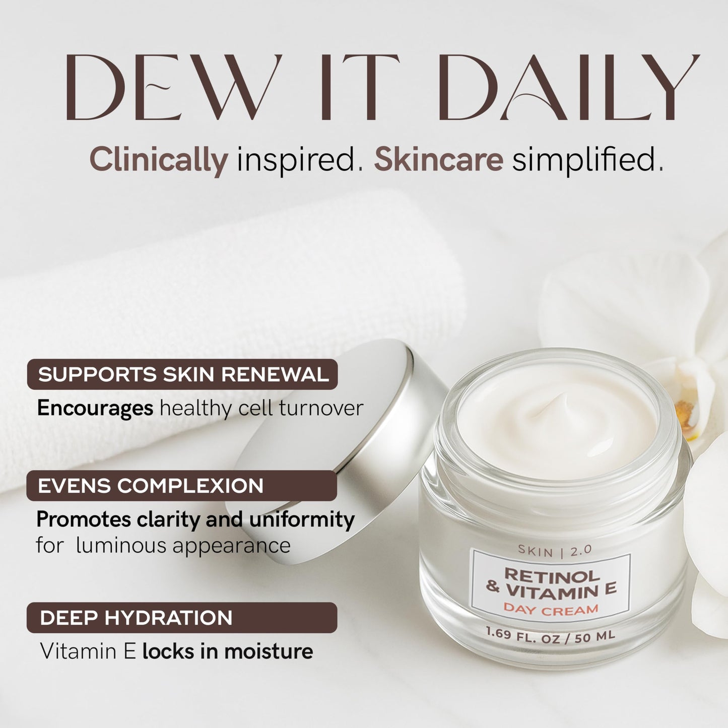 Skin 2.0 Retinol & Vitamin E Face Moisturizer - Dermatologist Tested, Hydrating, Restores Sun-Damaged Skin, Anti-Aging - Reduces Acne Scars, Clean Beauty, Cruelty-Free Korean Skincare - 1.69 Fl oz