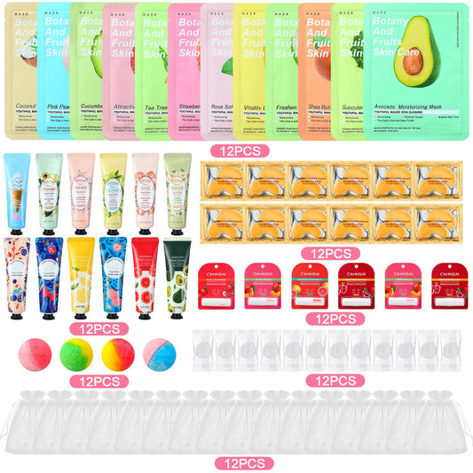 Heigble 84 Pcs Spa Party Supplies Facial Masks Eye Patches Hand Cream Lip Balm Foot Bath Bombs Compressed Towel Organza Bags Spa Party Favors Sleepover Kit Birthday for Most Skin Type